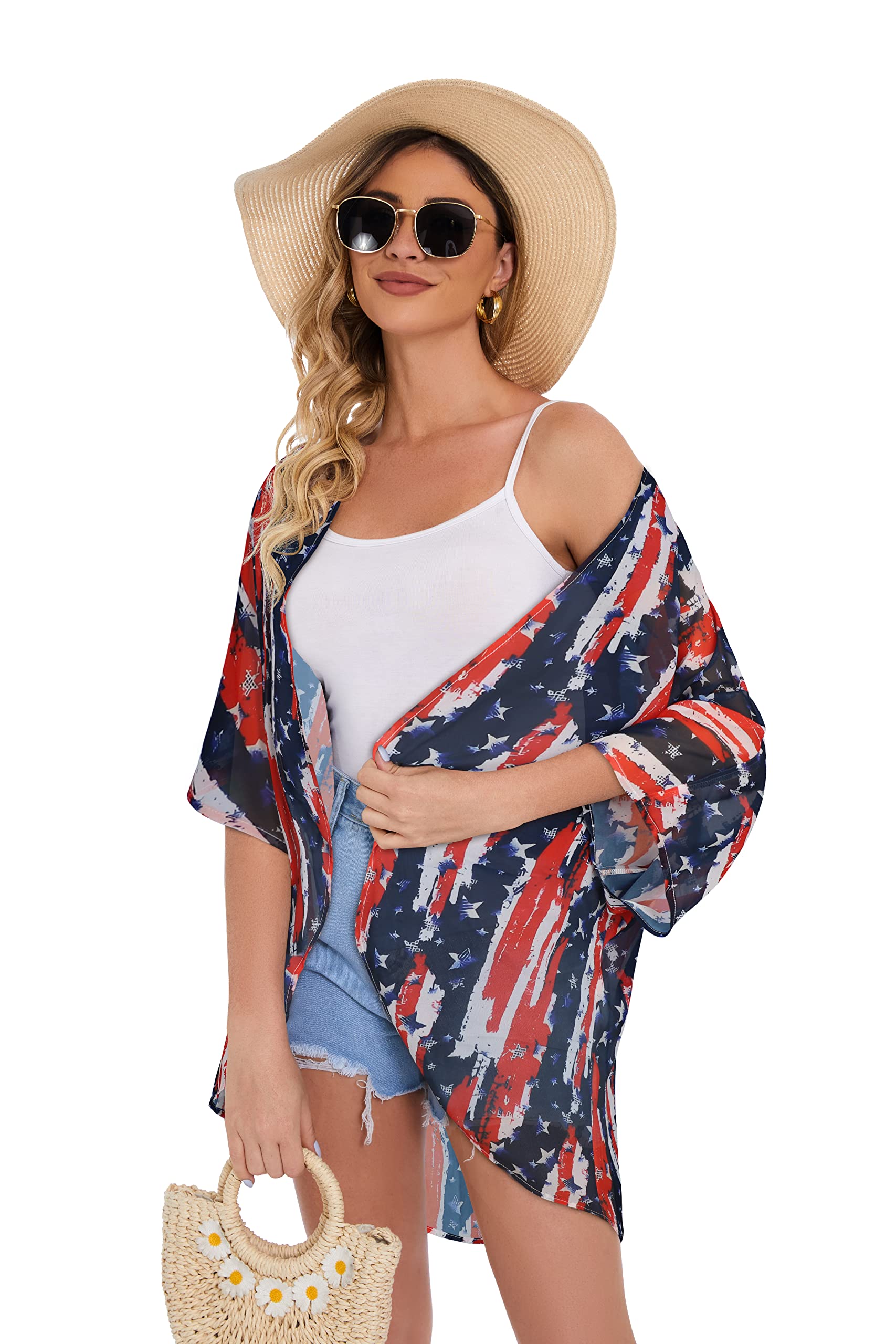 Women's Floral Kimono Cardigan Print Short Sleeve Shawl Chiffon Casual Summer Blouse Tops