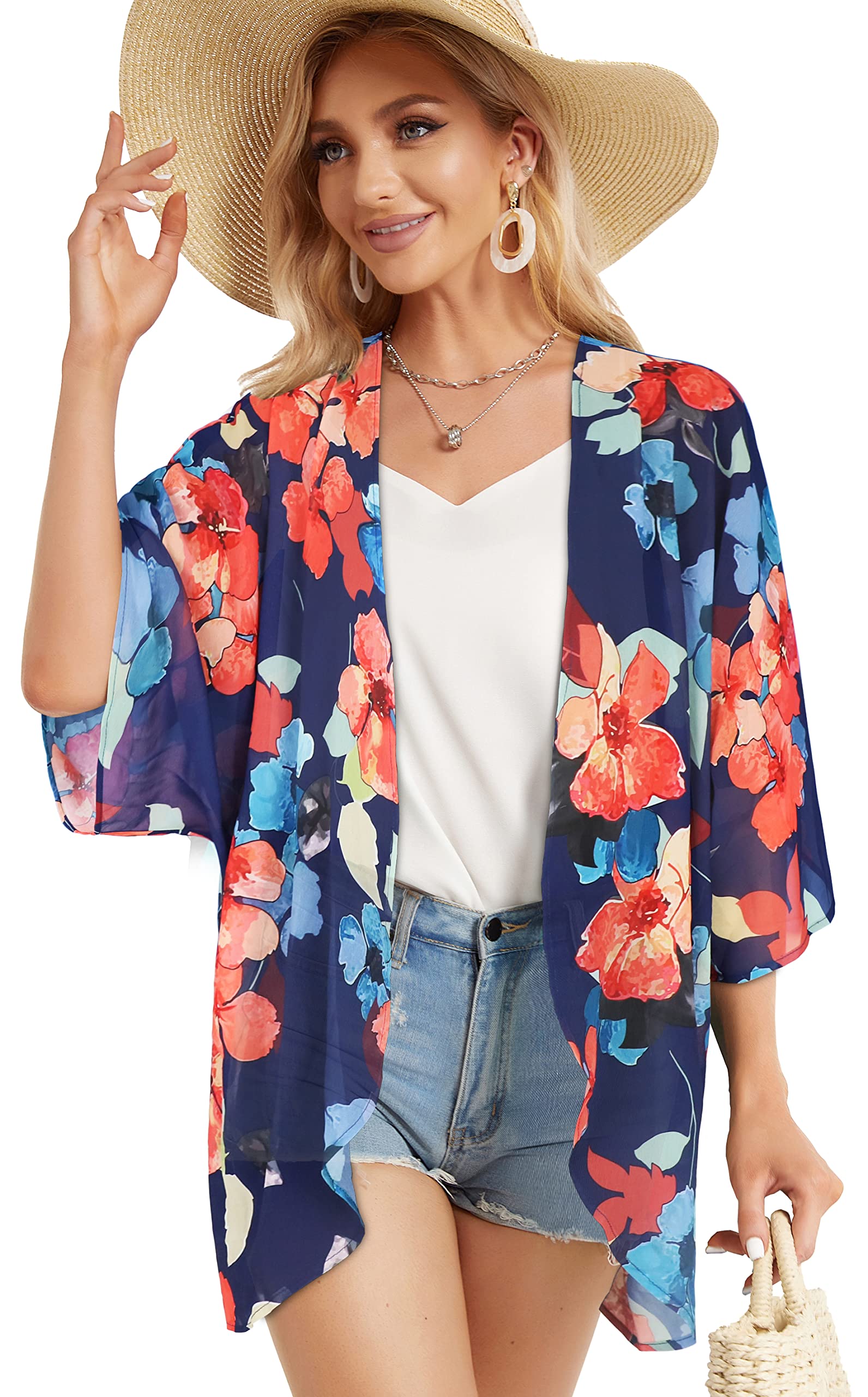 Women's Floral Kimono Cardigan Print Short Sleeve Shawl Chiffon Casual Summer Blouse Tops