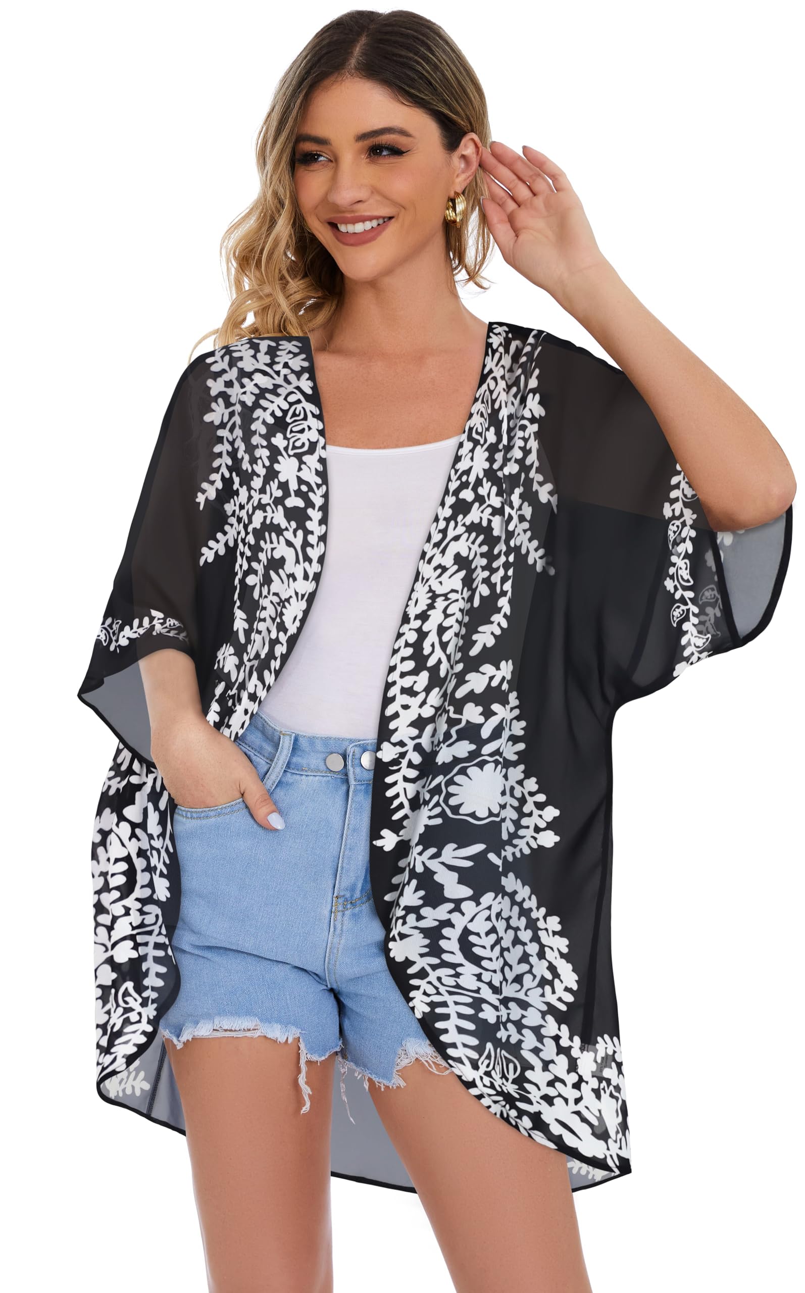 Women's Floral Kimono Cardigan Print Short Sleeve Shawl Chiffon Casual Summer Blouse Tops