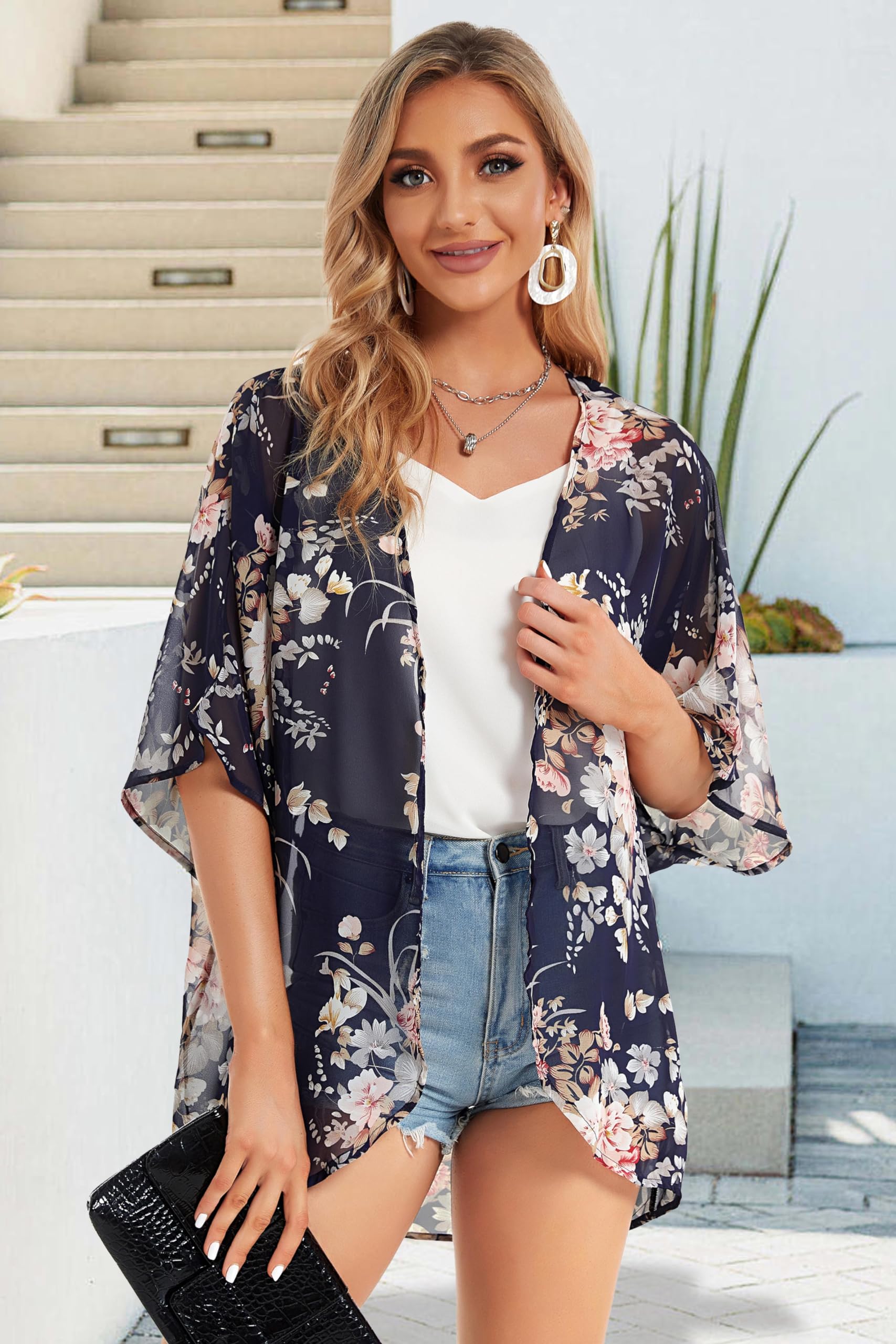 Women's Floral Kimono Cardigan Print Short Sleeve Shawl Chiffon Casual Summer Blouse Tops