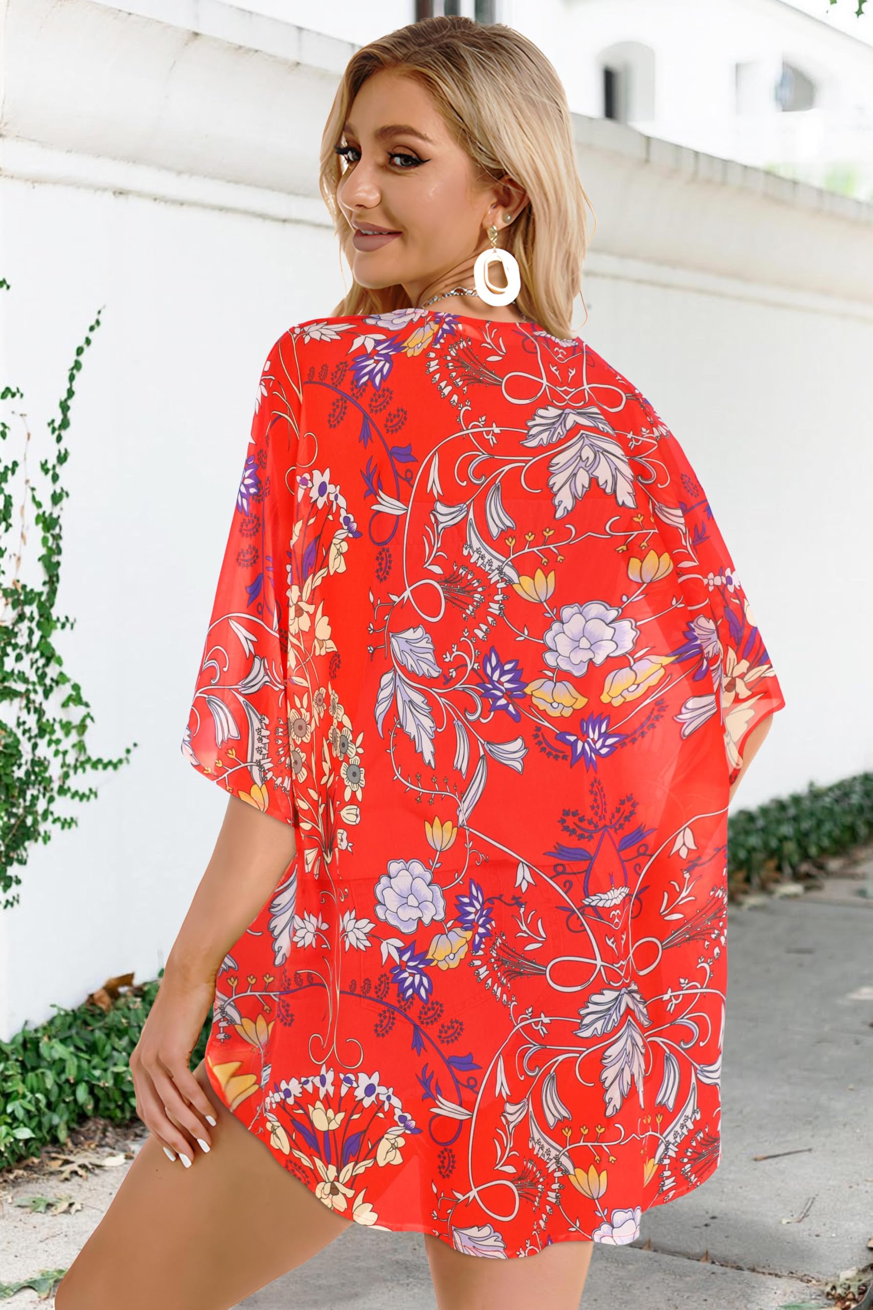 Women's Floral Kimono Cardigan Print Short Sleeve Shawl Chiffon Casual Summer Blouse Tops