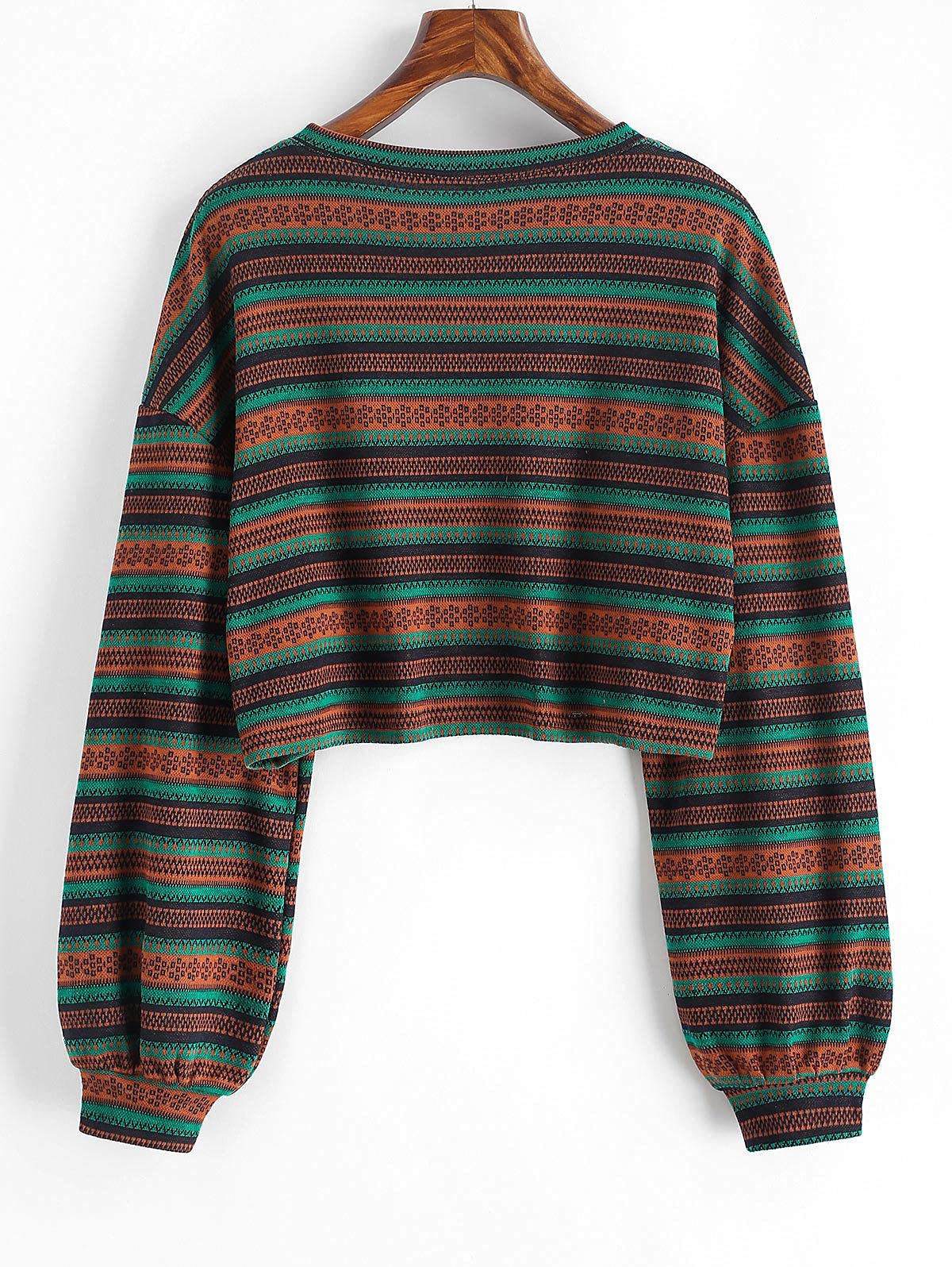 Women's Tribal Ethnic Graphic Cropped Knitwear Bohemian Long Sleeve Pullover Sweater