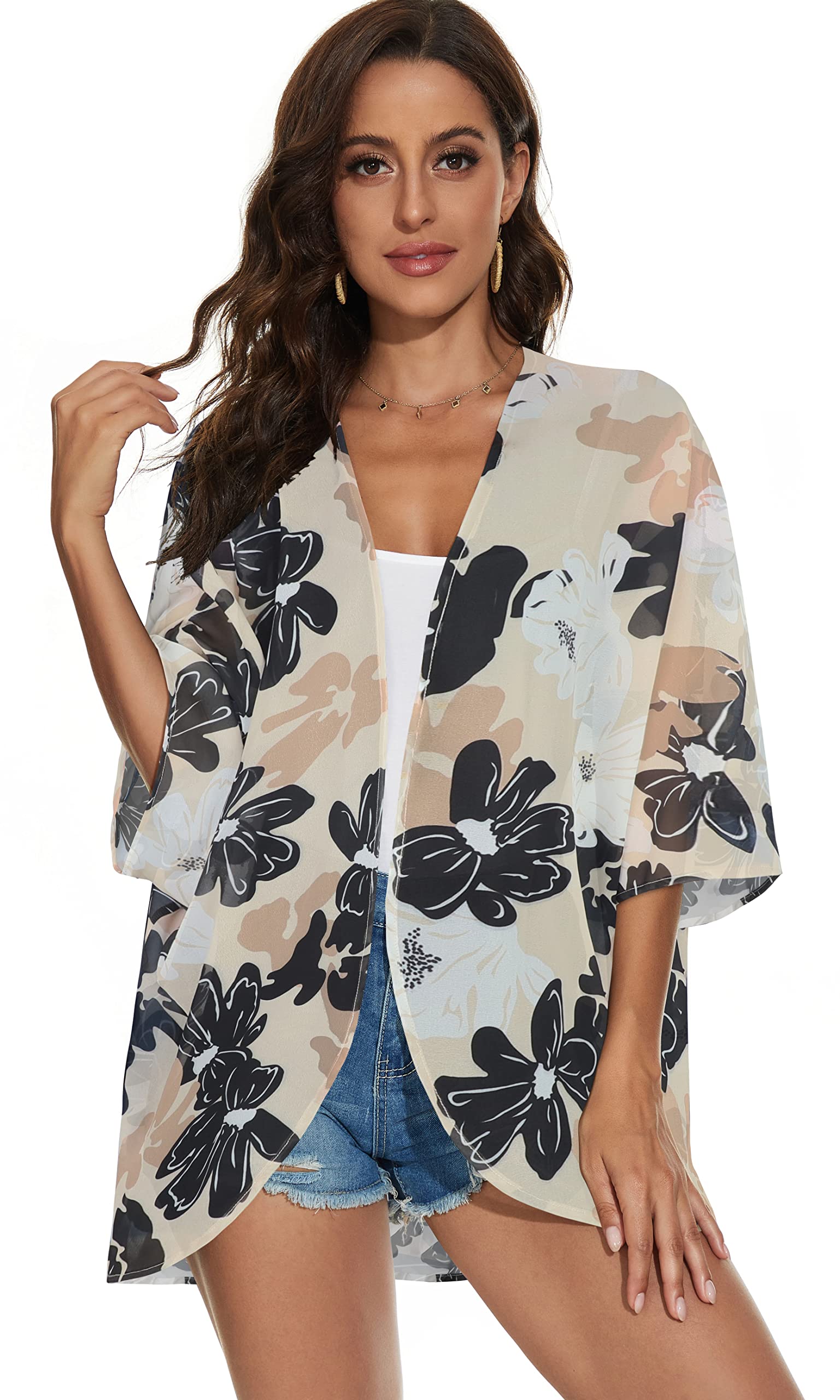 Women's Floral Kimono Cardigan Print Short Sleeve Shawl Chiffon Casual Summer Blouse Tops