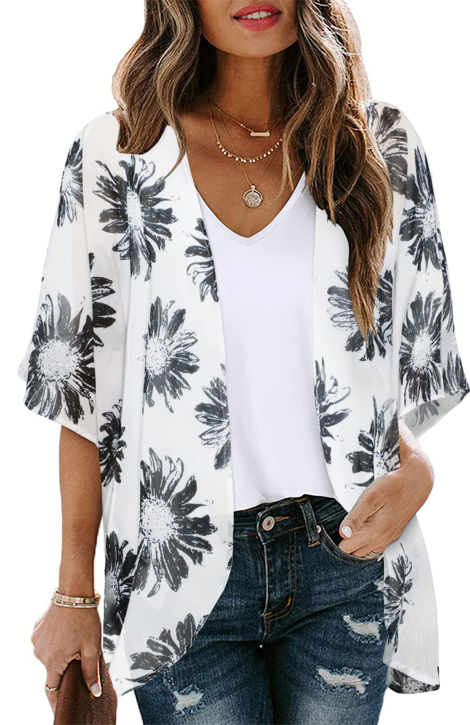 Women's Floral Kimono Cardigan Print Short Sleeve Shawl Chiffon Casual Summer Blouse Tops