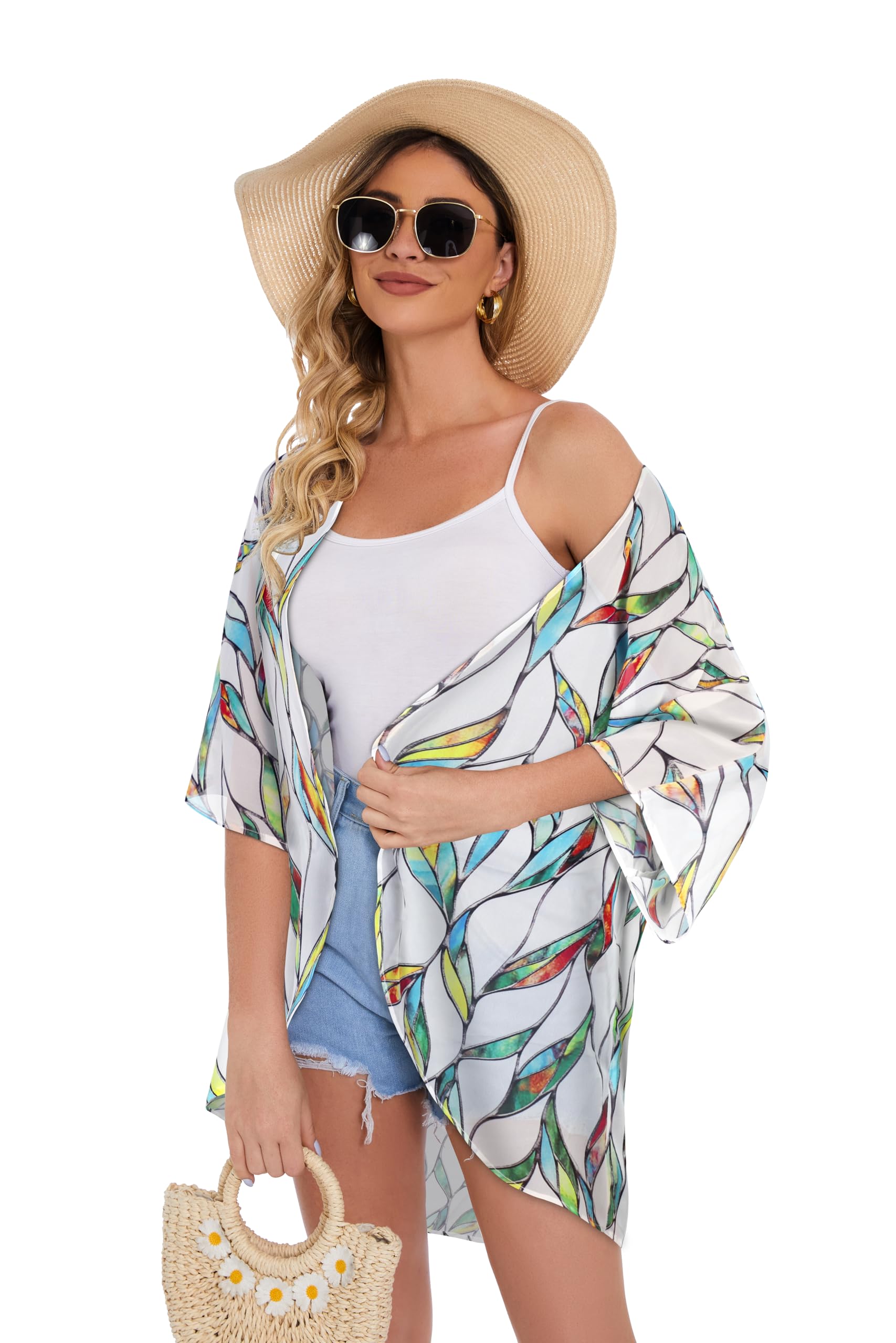 Women's Floral Kimono Cardigan Print Short Sleeve Shawl Chiffon Casual Summer Blouse Tops