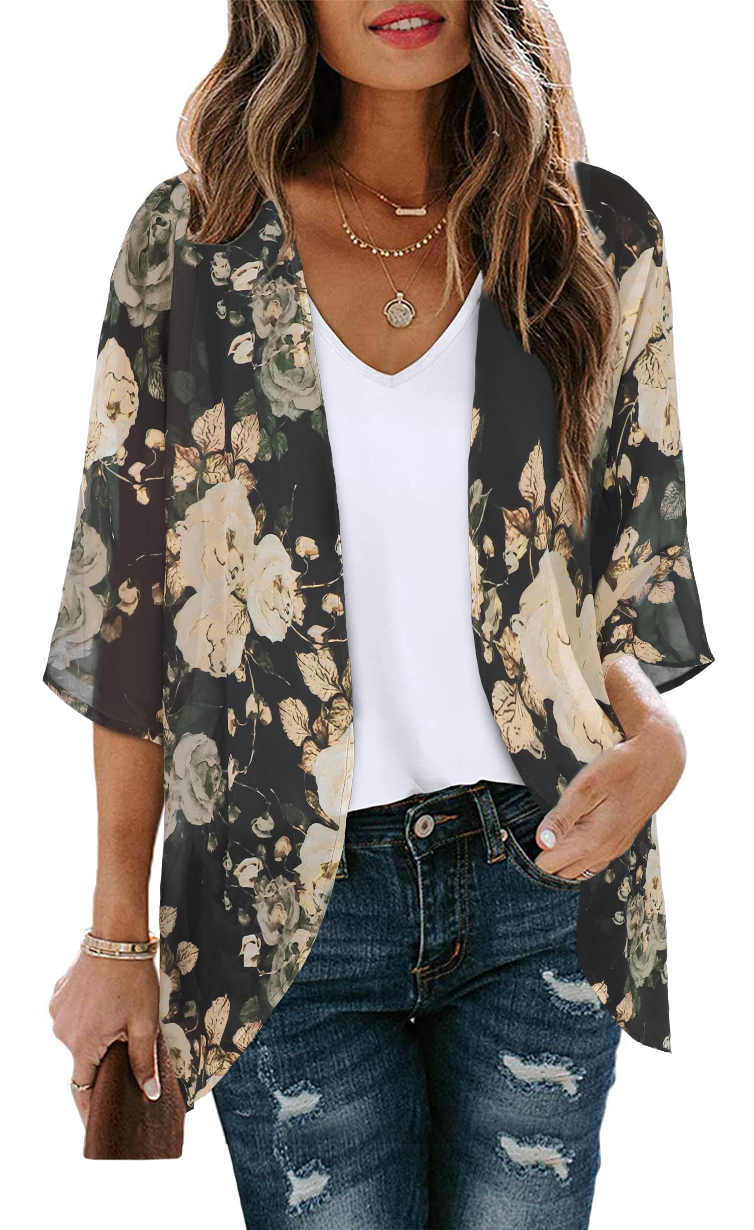 Women's Floral Kimono Cardigan Print Short Sleeve Shawl Chiffon Casual Summer Blouse Tops