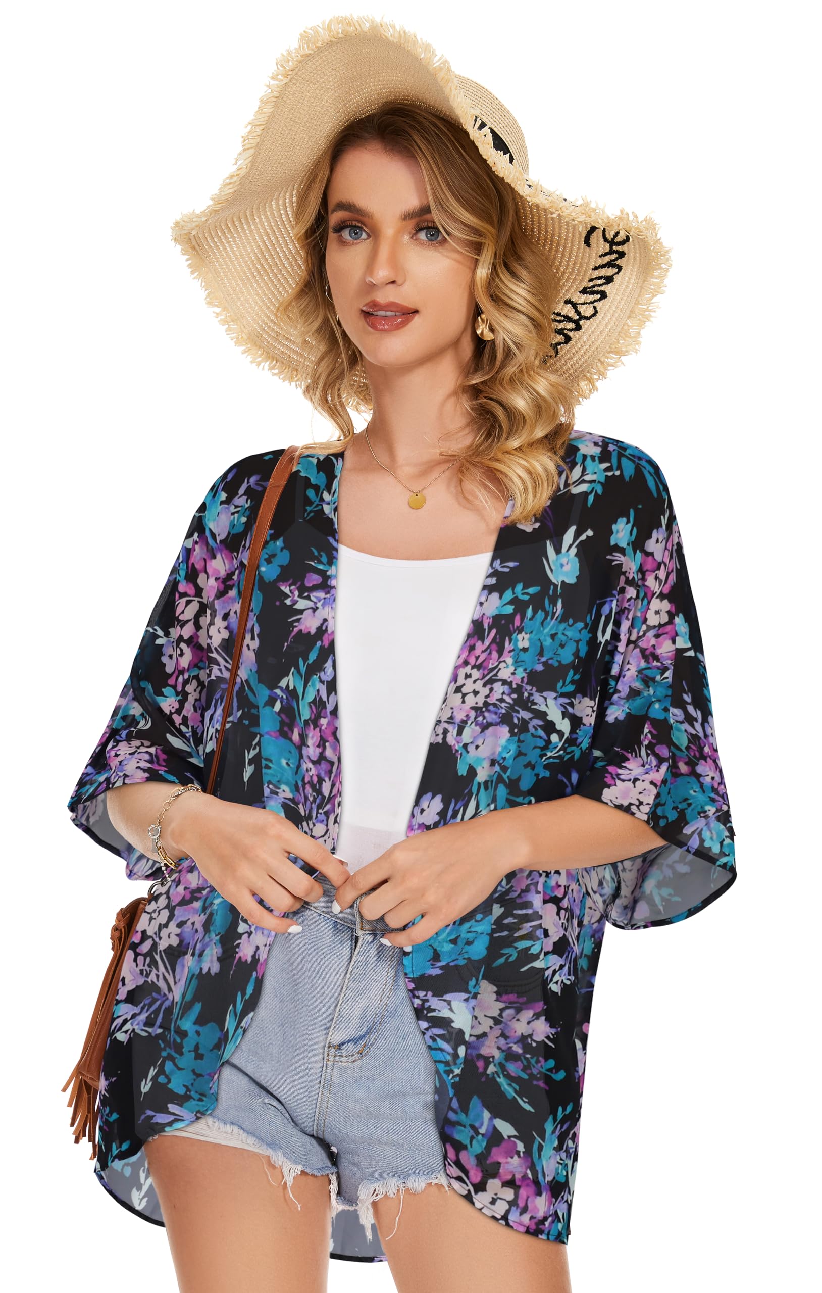 Women's Floral Kimono Cardigan Print Short Sleeve Shawl Chiffon Casual Summer Blouse Tops