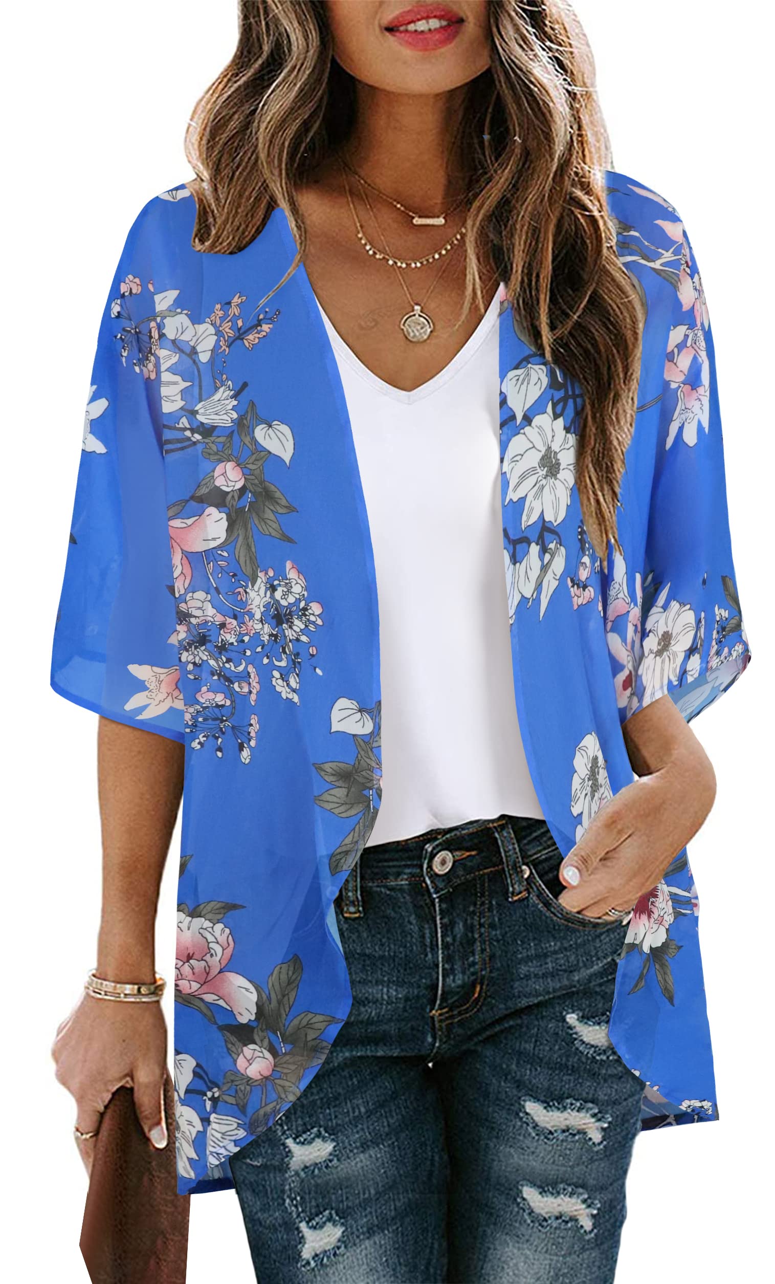 Women's Floral Kimono Cardigan Print Short Sleeve Shawl Chiffon Casual Summer Blouse Tops