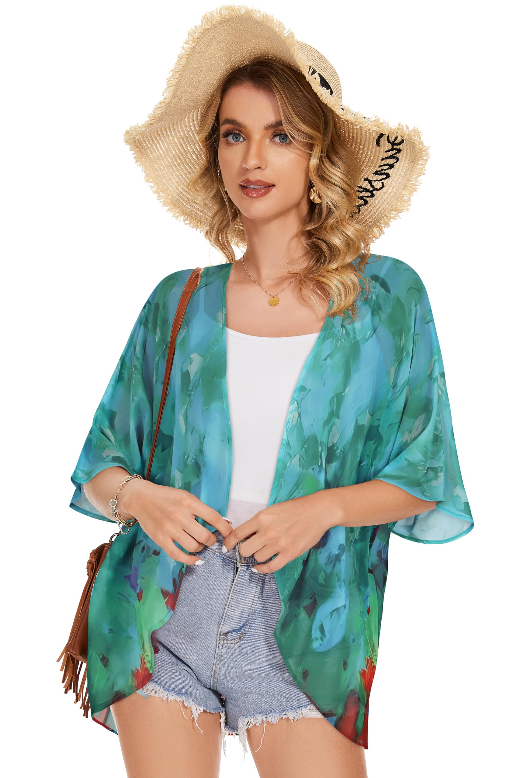 Women's Floral Kimono Cardigan Print Short Sleeve Shawl Chiffon Casual Summer Blouse Tops