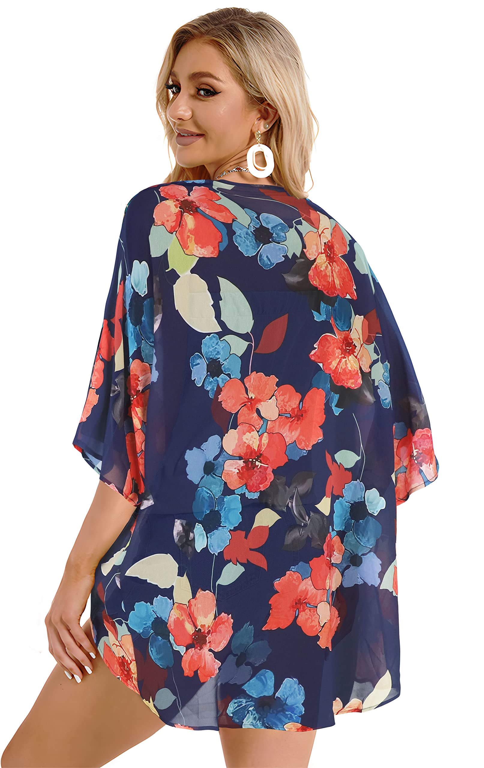 Women's Floral Kimono Cardigan Print Short Sleeve Shawl Chiffon Casual Summer Blouse Tops