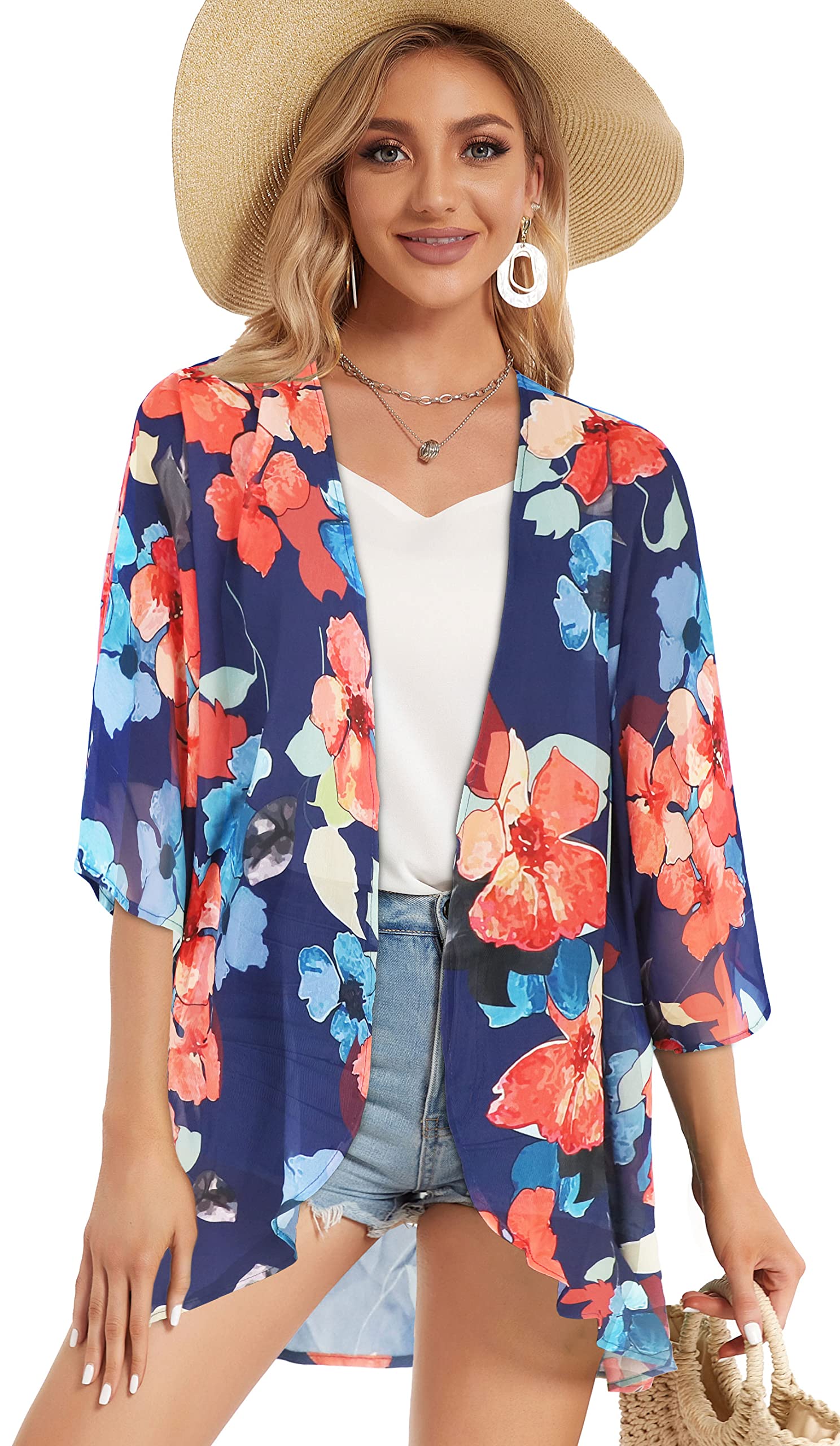 Women's Floral Kimono Cardigan Print Short Sleeve Shawl Chiffon Casual Summer Blouse Tops