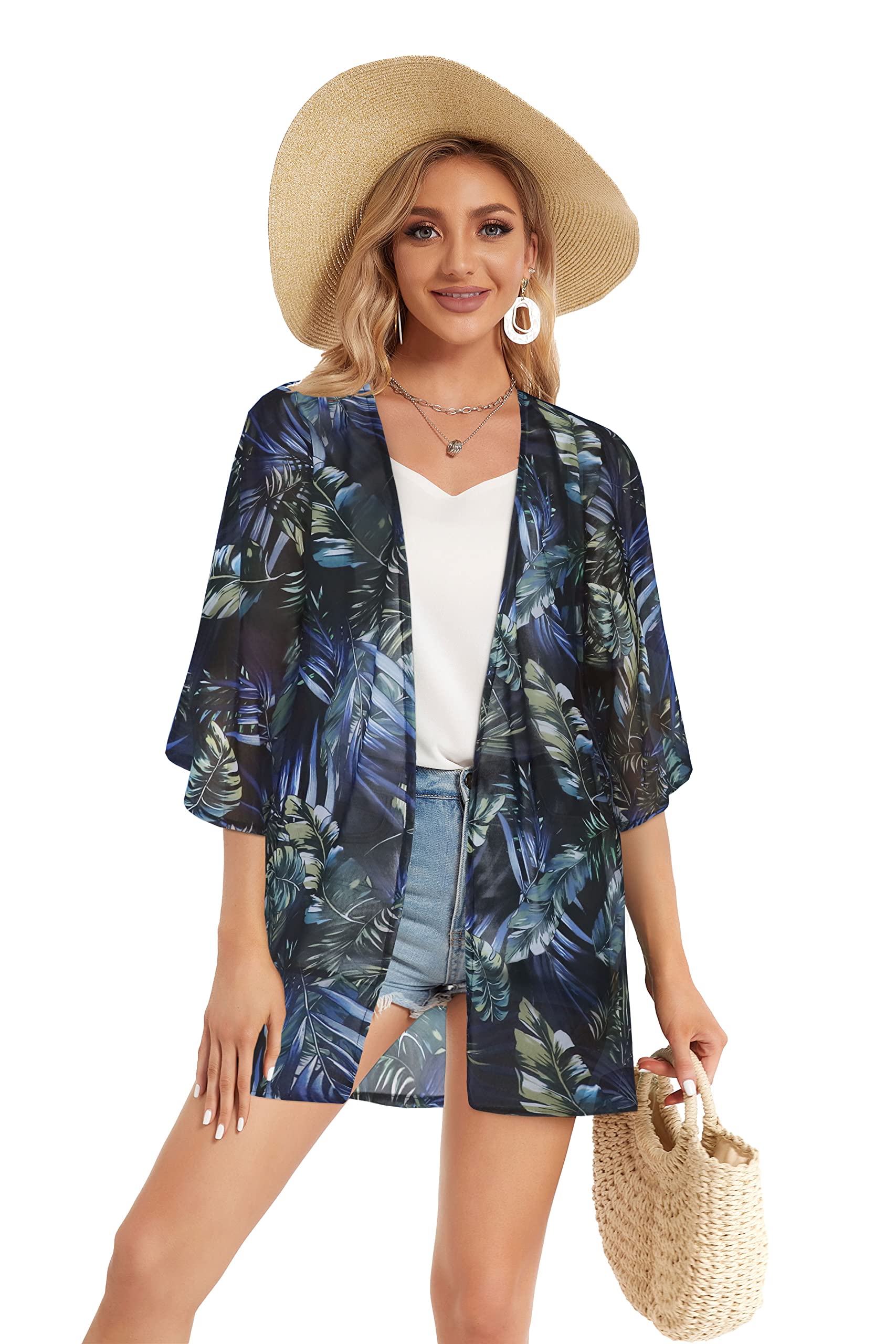 Women's Floral Kimono Cardigan Print Short Sleeve Shawl Chiffon Casual Summer Blouse Tops