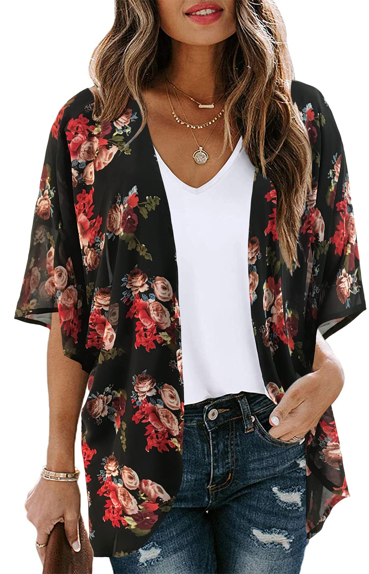 Women's Floral Kimono Cardigan Print Short Sleeve Shawl Chiffon Casual Summer Blouse Tops