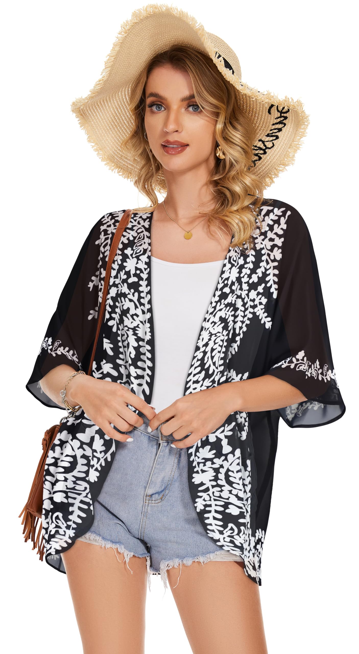 Women's Floral Kimono Cardigan Print Short Sleeve Shawl Chiffon Casual Summer Blouse Tops