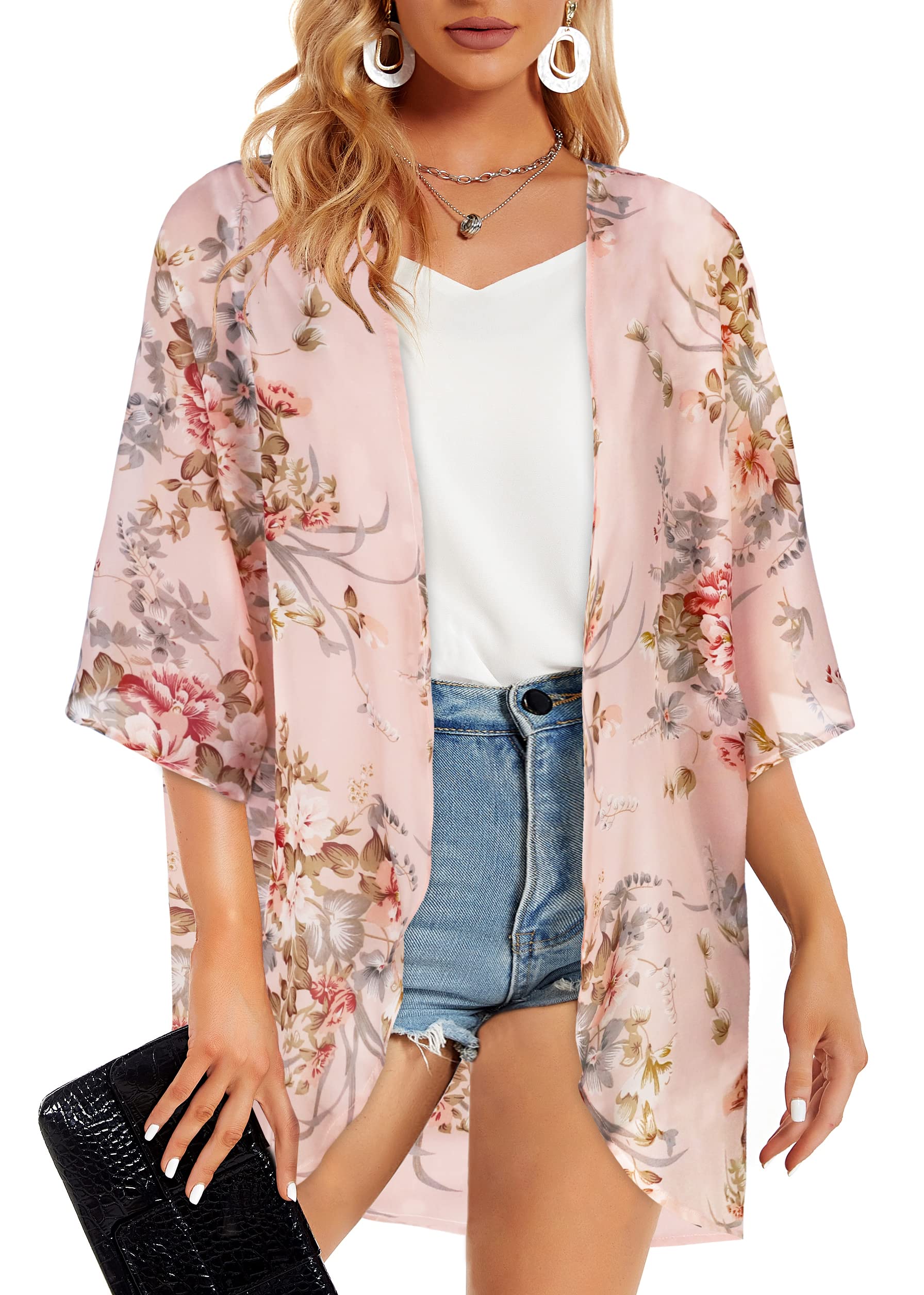 Women's Floral Kimono Cardigan Print Short Sleeve Shawl Chiffon Casual Summer Blouse Tops