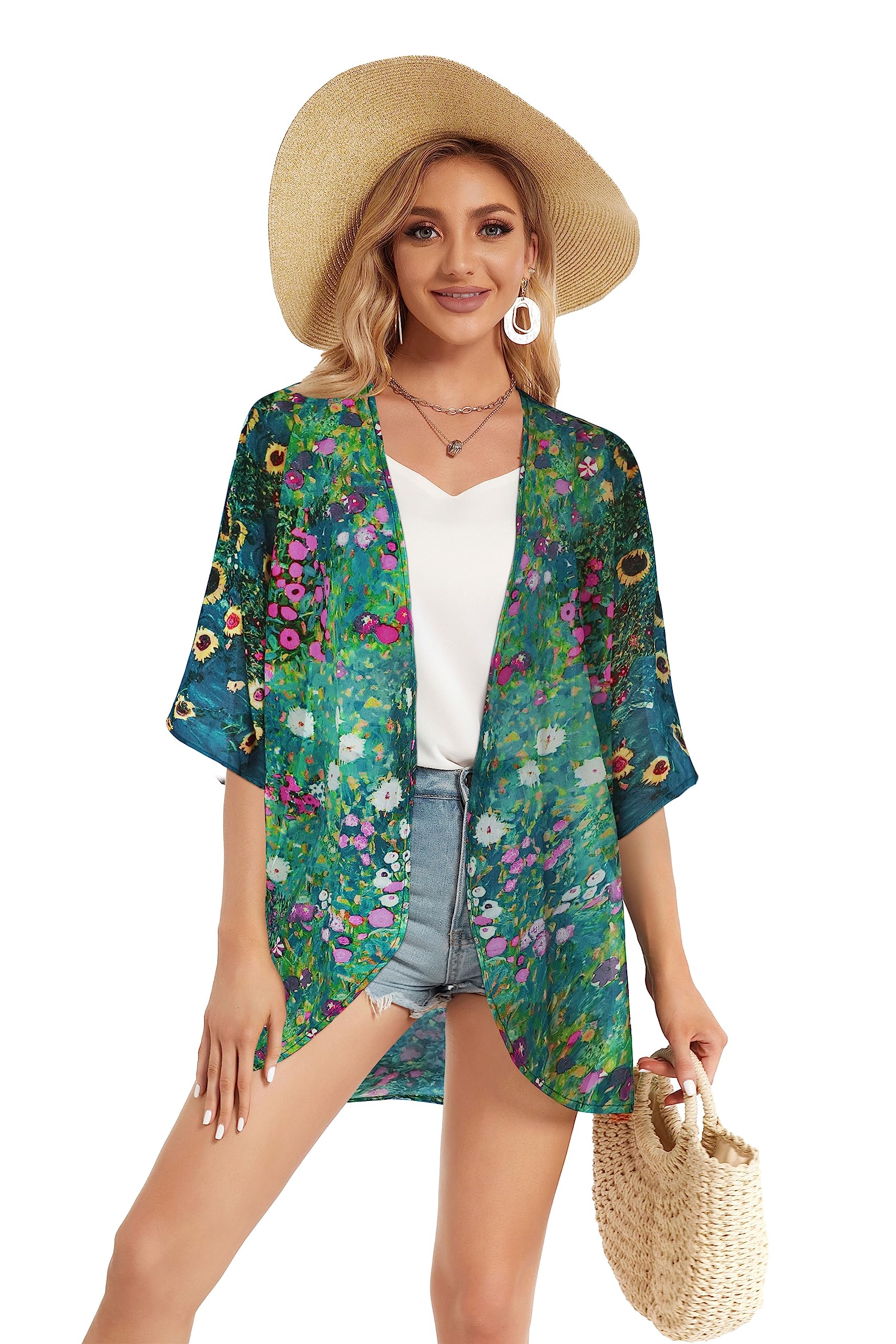 Women's Floral Kimono Cardigan Print Short Sleeve Shawl Chiffon Casual Summer Blouse Tops