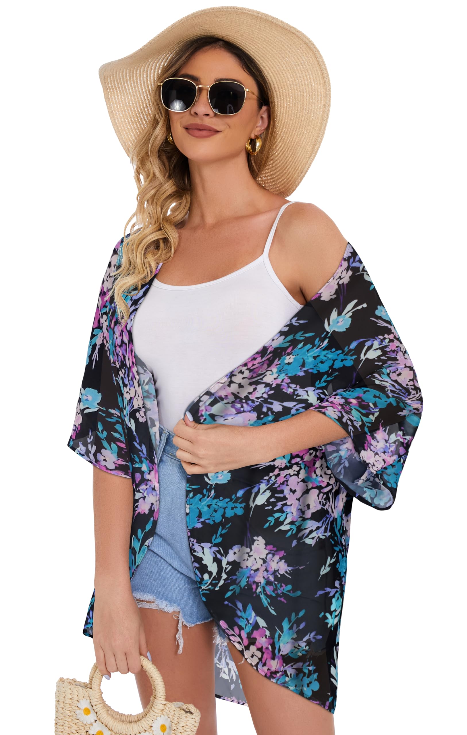 Women's Floral Kimono Cardigan Print Short Sleeve Shawl Chiffon Casual Summer Blouse Tops