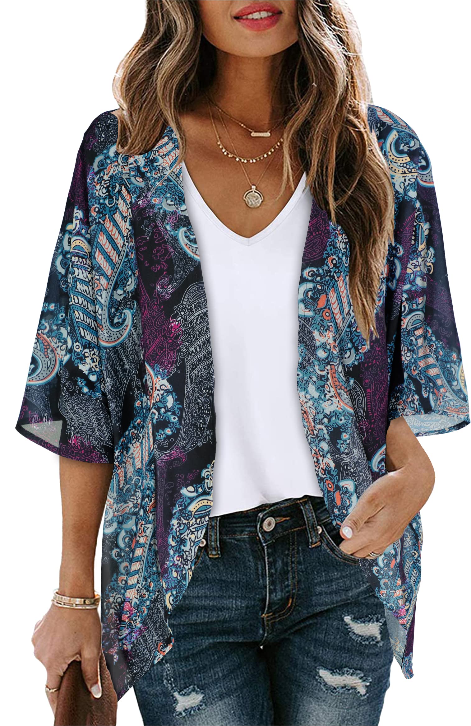 Women's Floral Kimono Cardigan Print Short Sleeve Shawl Chiffon Casual Summer Blouse Tops