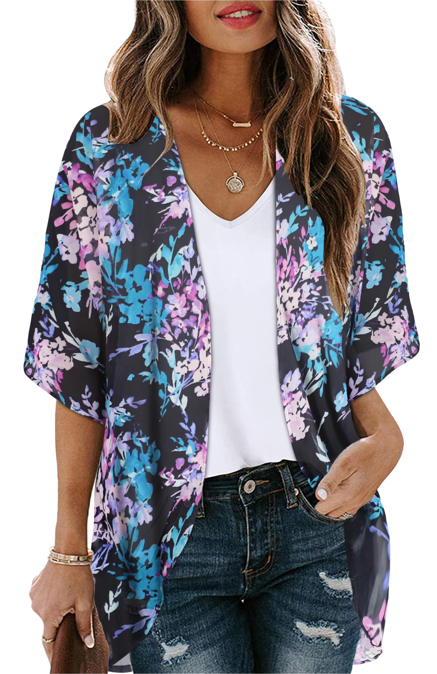 Women's Floral Kimono Cardigan Print Short Sleeve Shawl Chiffon Casual Summer Blouse Tops