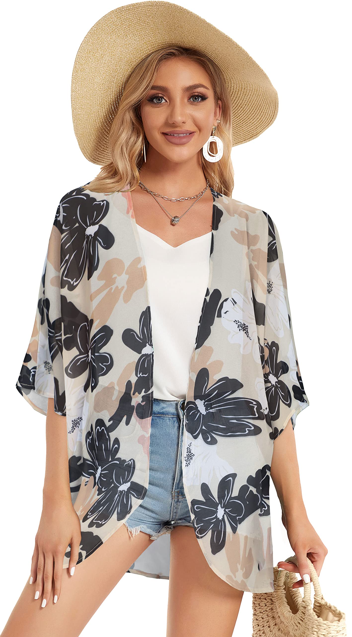 Women's Floral Kimono Cardigan Print Short Sleeve Shawl Chiffon Casual Summer Blouse Tops