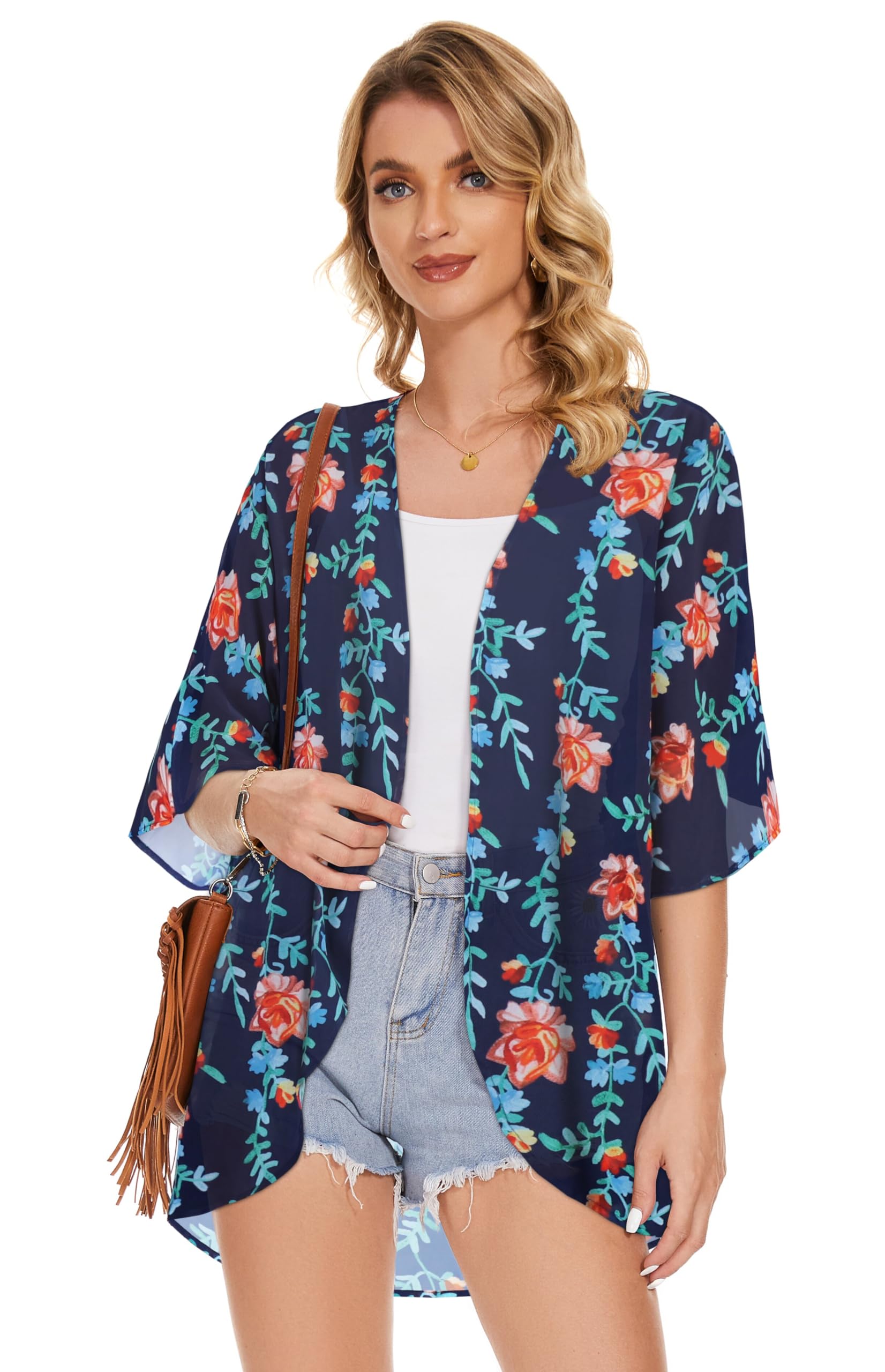 Women's Floral Kimono Cardigan Print Short Sleeve Shawl Chiffon Casual Summer Blouse Tops