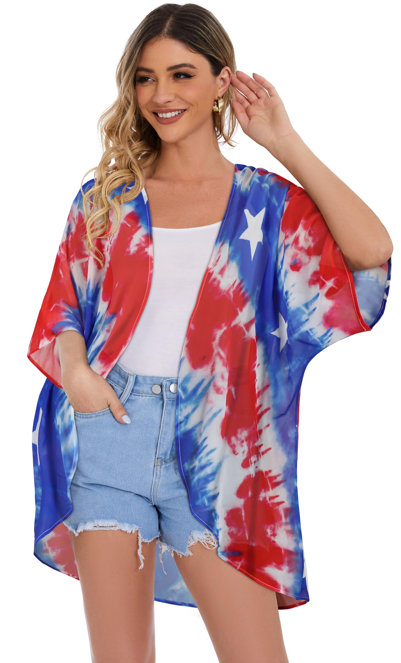 Women's Floral Kimono Cardigan Print Short Sleeve Shawl Chiffon Casual Summer Blouse Tops