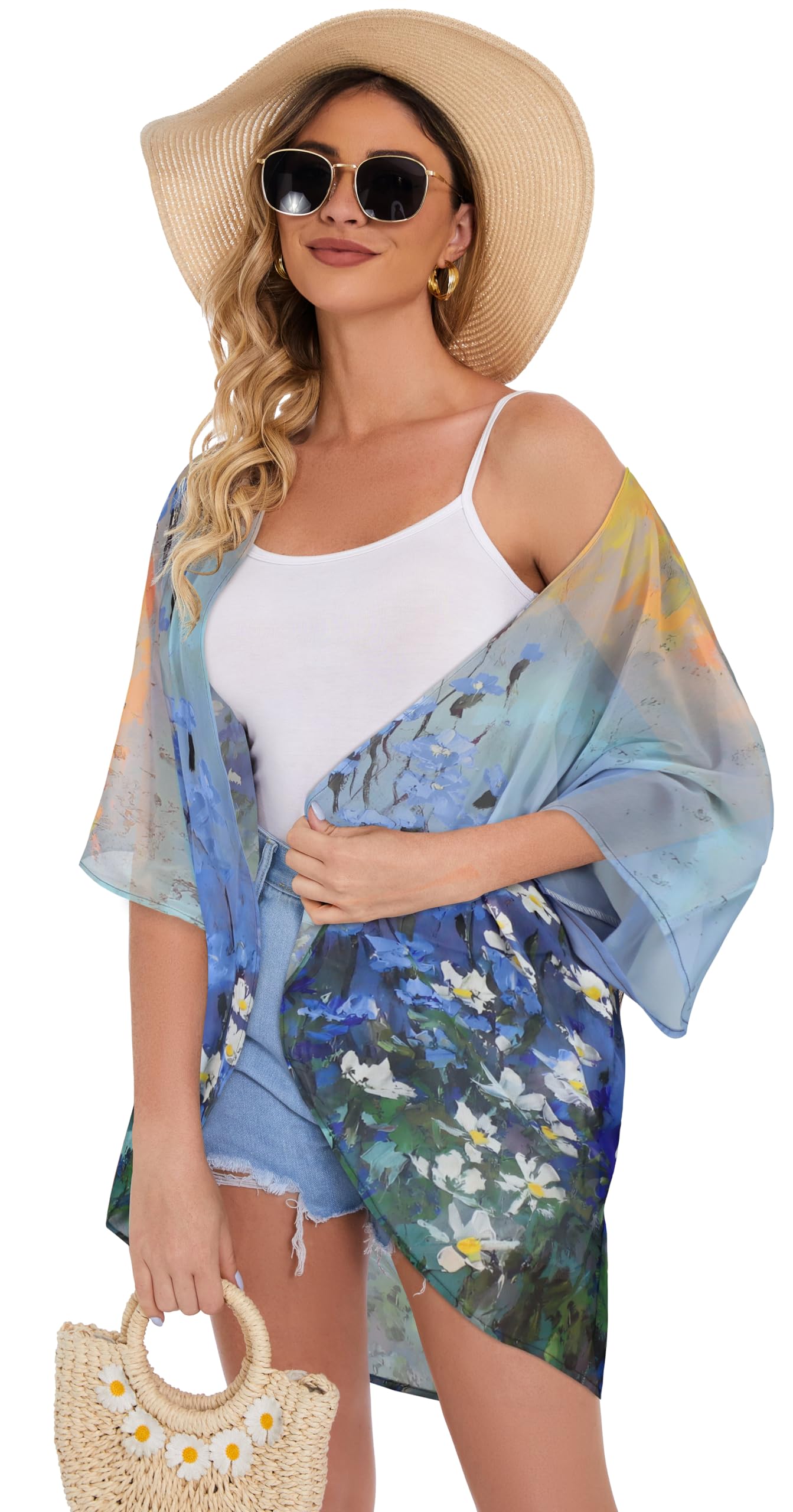 Women's Floral Kimono Cardigan Print Short Sleeve Shawl Chiffon Casual Summer Blouse Tops