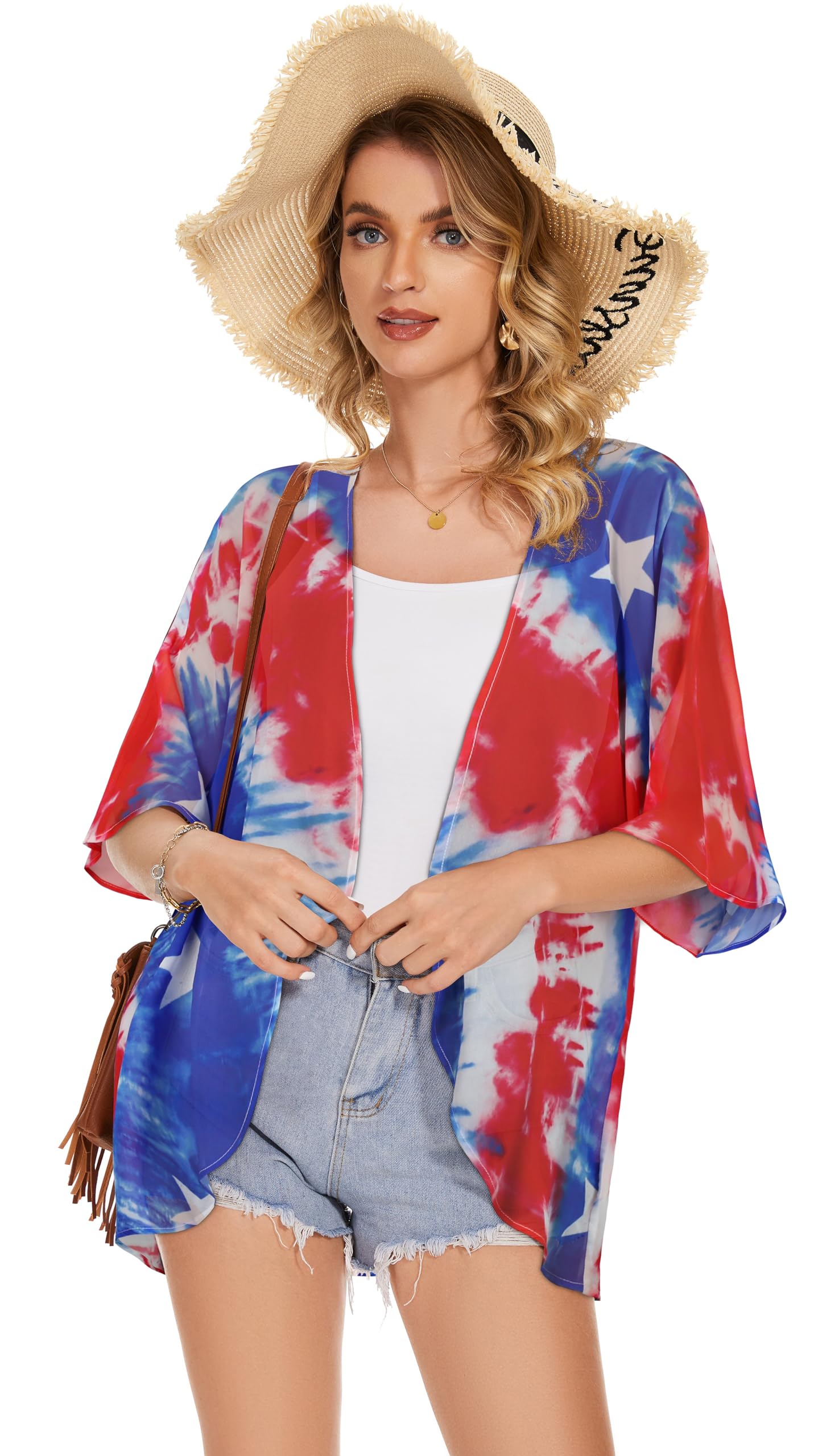 Women's Floral Kimono Cardigan Print Short Sleeve Shawl Chiffon Casual Summer Blouse Tops