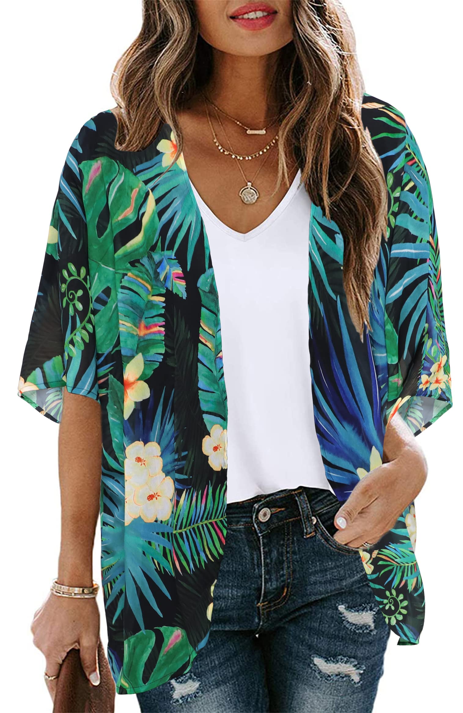 Women's Floral Kimono Cardigan Print Short Sleeve Shawl Chiffon Casual Summer Blouse Tops