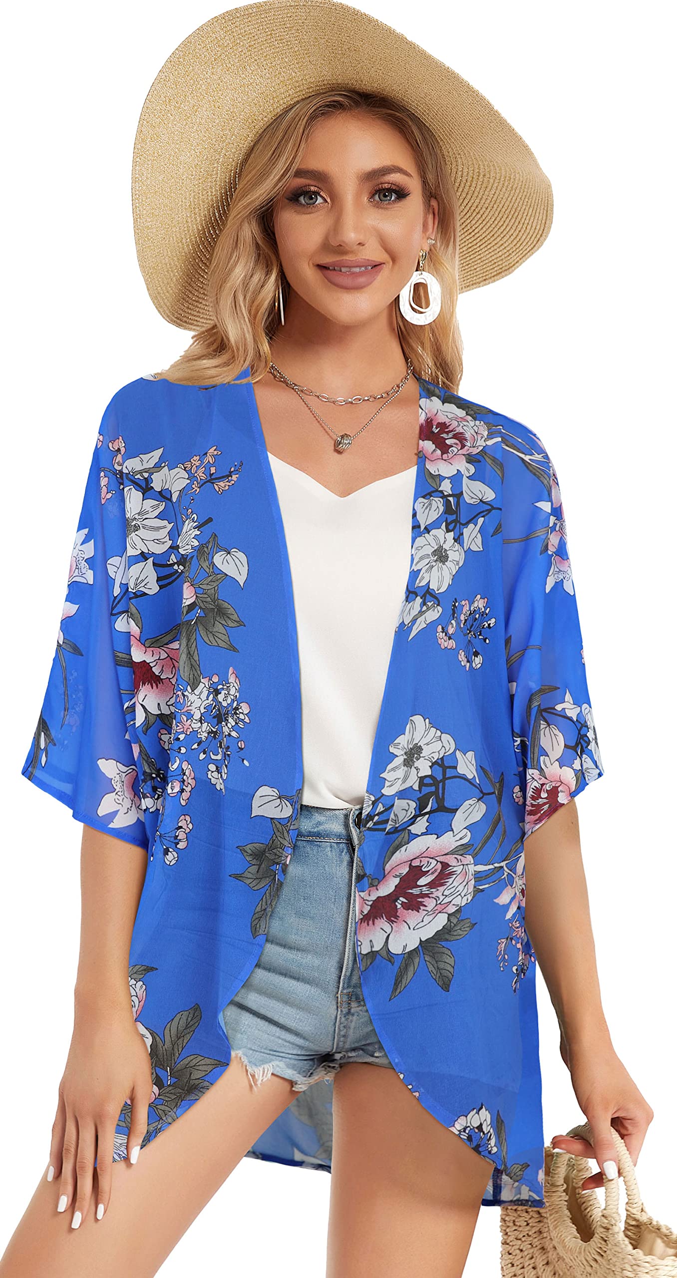 Women's Floral Kimono Cardigan Print Short Sleeve Shawl Chiffon Casual Summer Blouse Tops