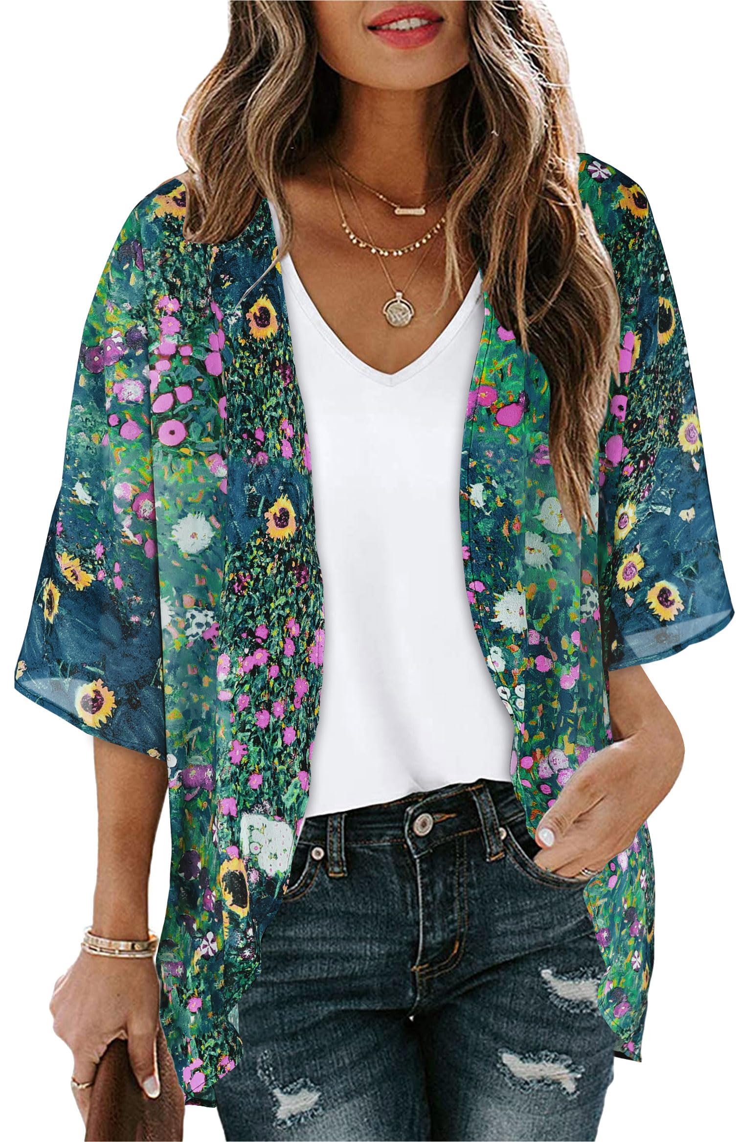 Women's Floral Kimono Cardigan Print Short Sleeve Shawl Chiffon Casual Summer Blouse Tops