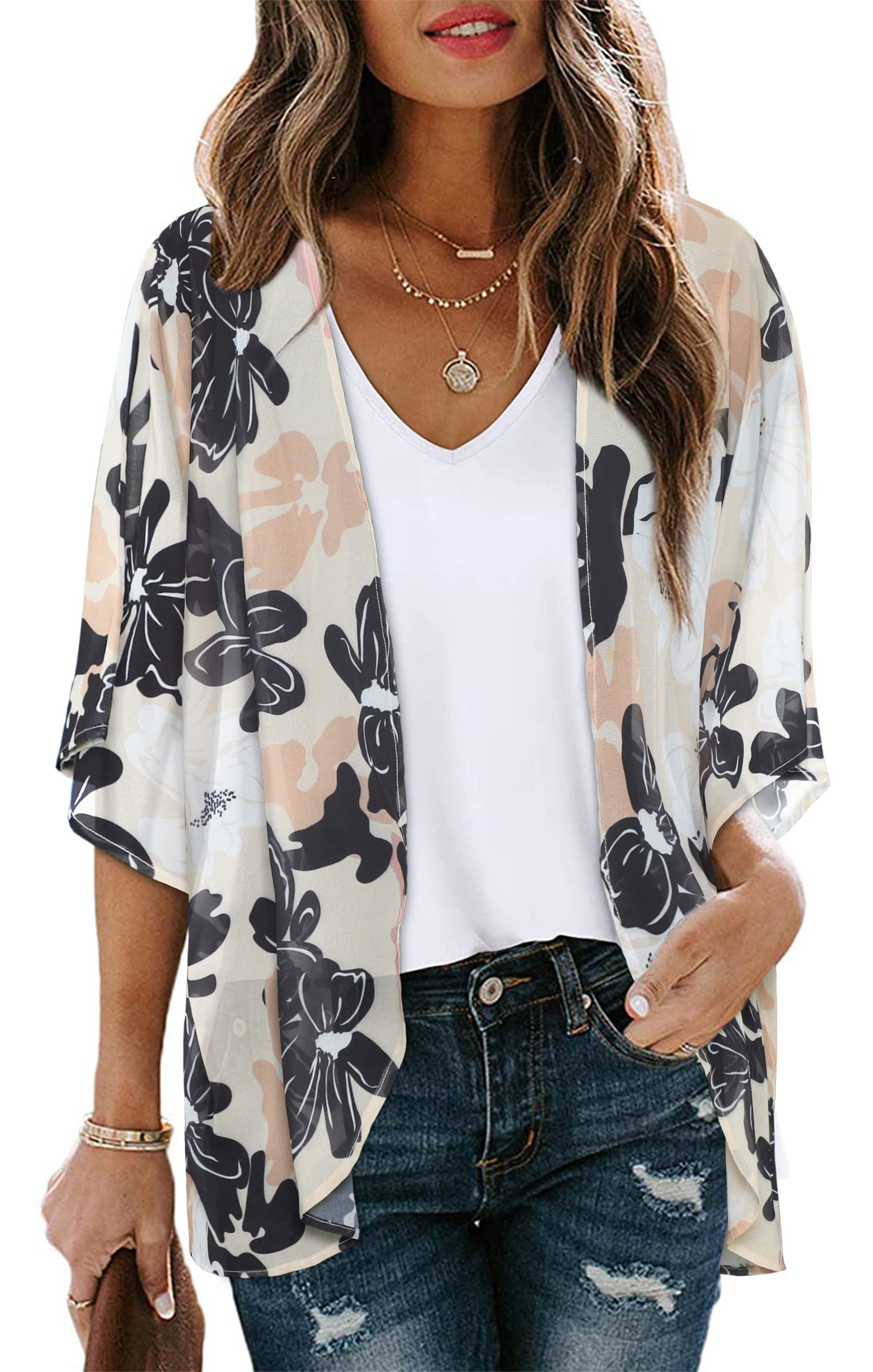 Women's Floral Kimono Cardigan Print Short Sleeve Shawl Chiffon Casual Summer Blouse Tops