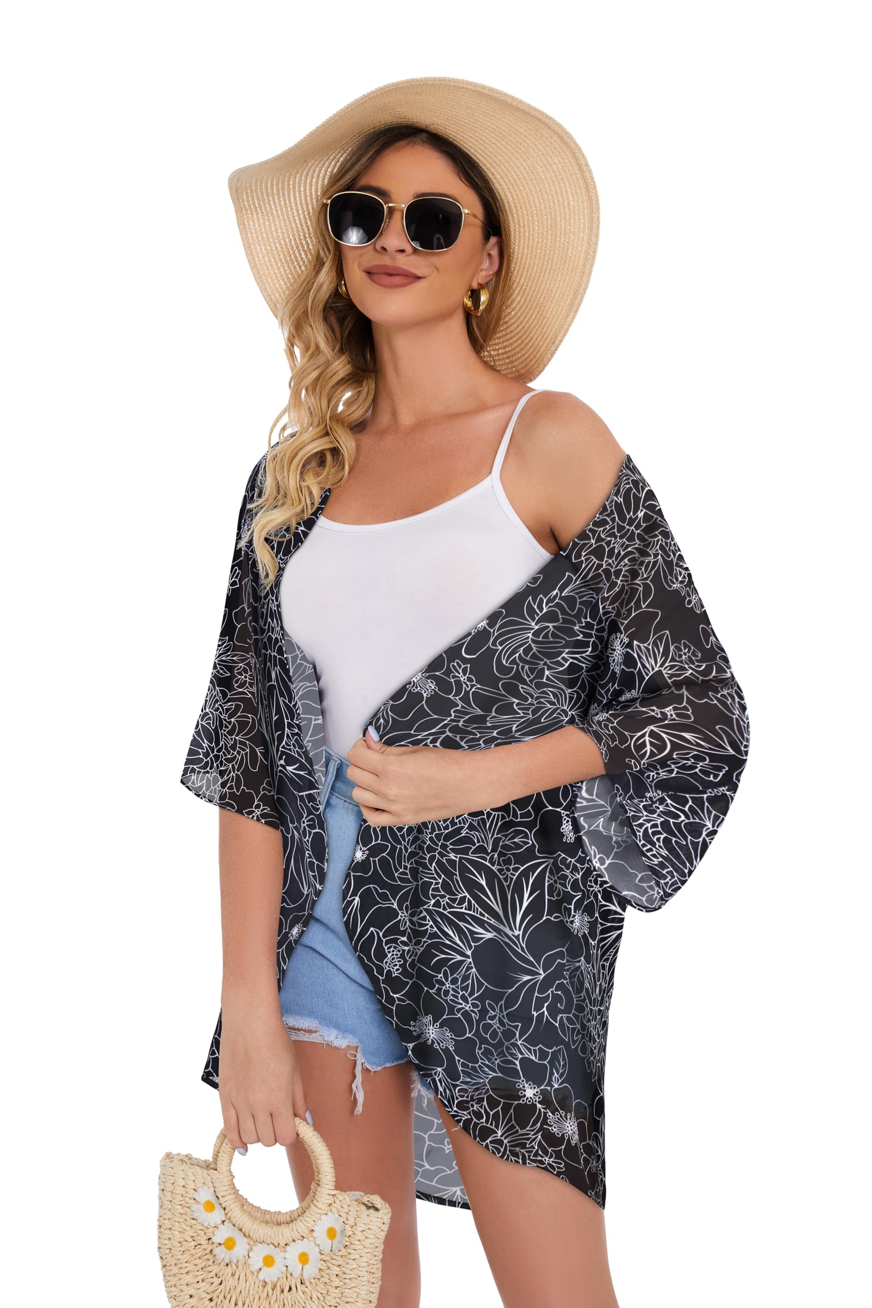 Women's Floral Kimono Cardigan Print Short Sleeve Shawl Chiffon Casual Summer Blouse Tops