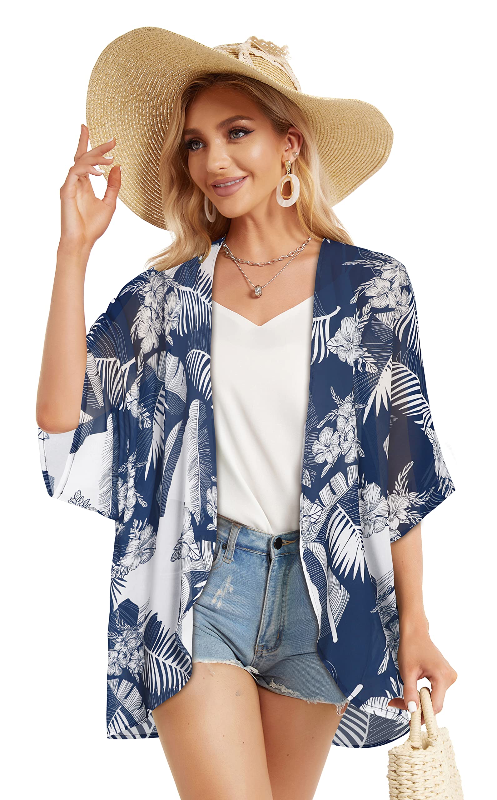 Women's Floral Kimono Cardigan Print Short Sleeve Shawl Chiffon Casual Summer Blouse Tops