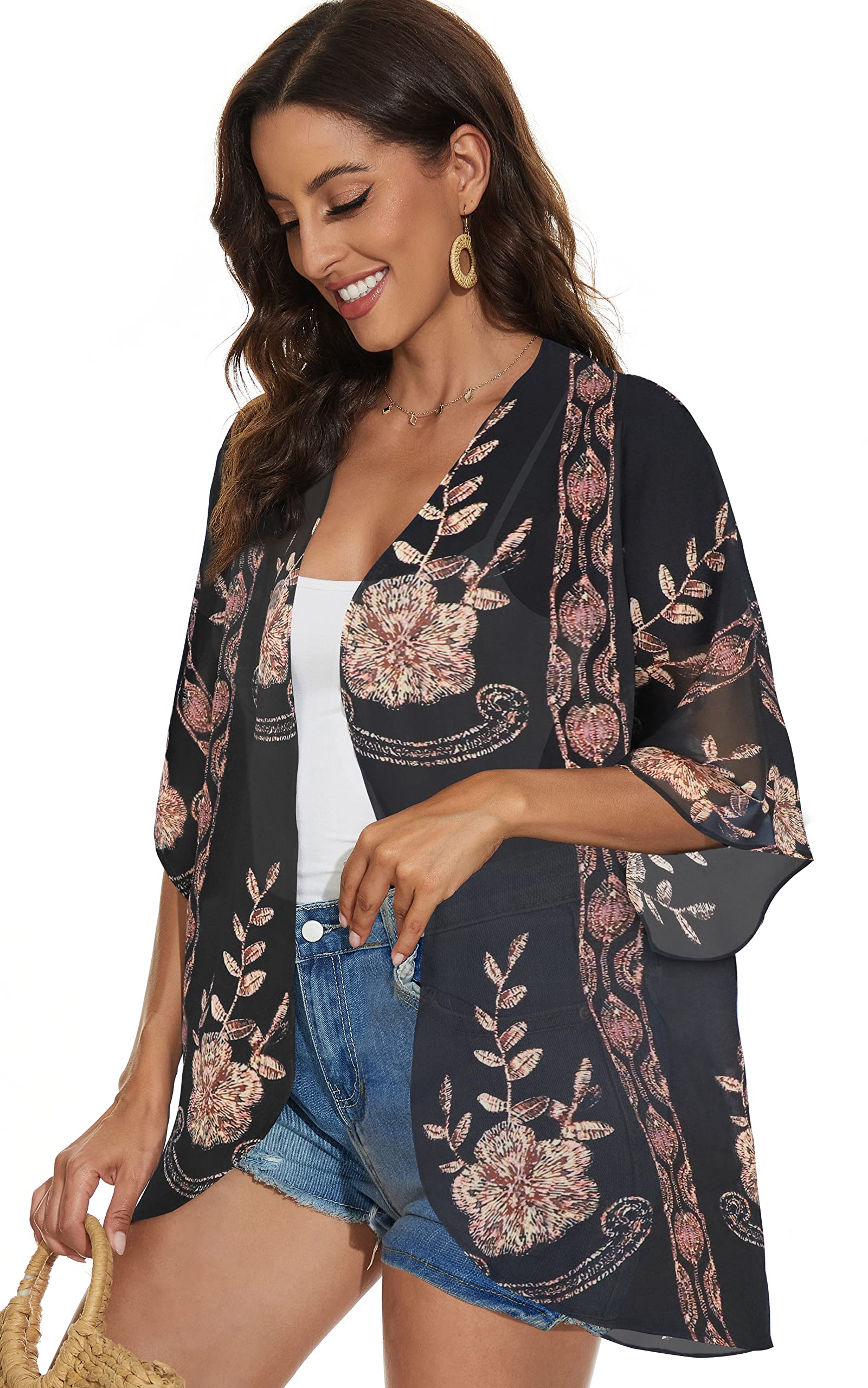 Women's Floral Kimono Cardigan Print Short Sleeve Shawl Chiffon Casual Summer Blouse Tops