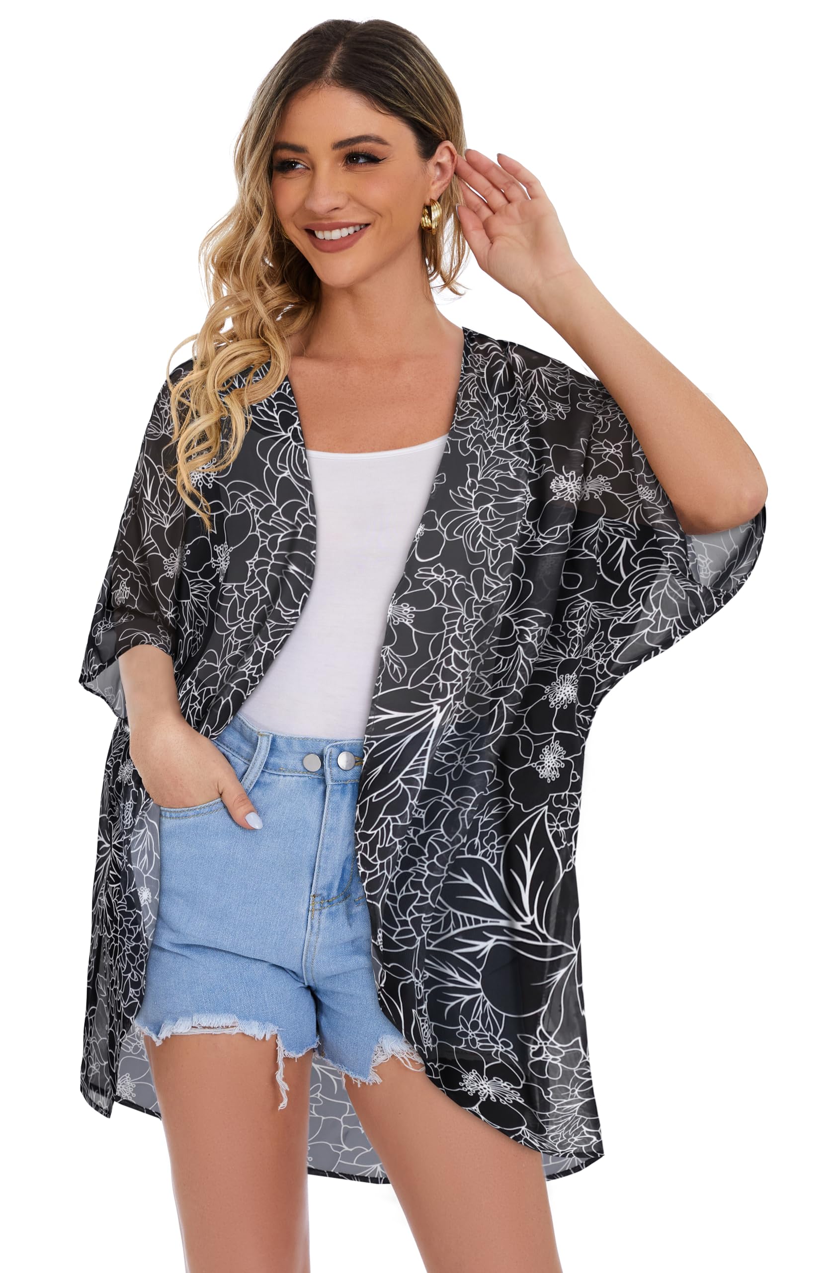 Women's Floral Kimono Cardigan Print Short Sleeve Shawl Chiffon Casual Summer Blouse Tops