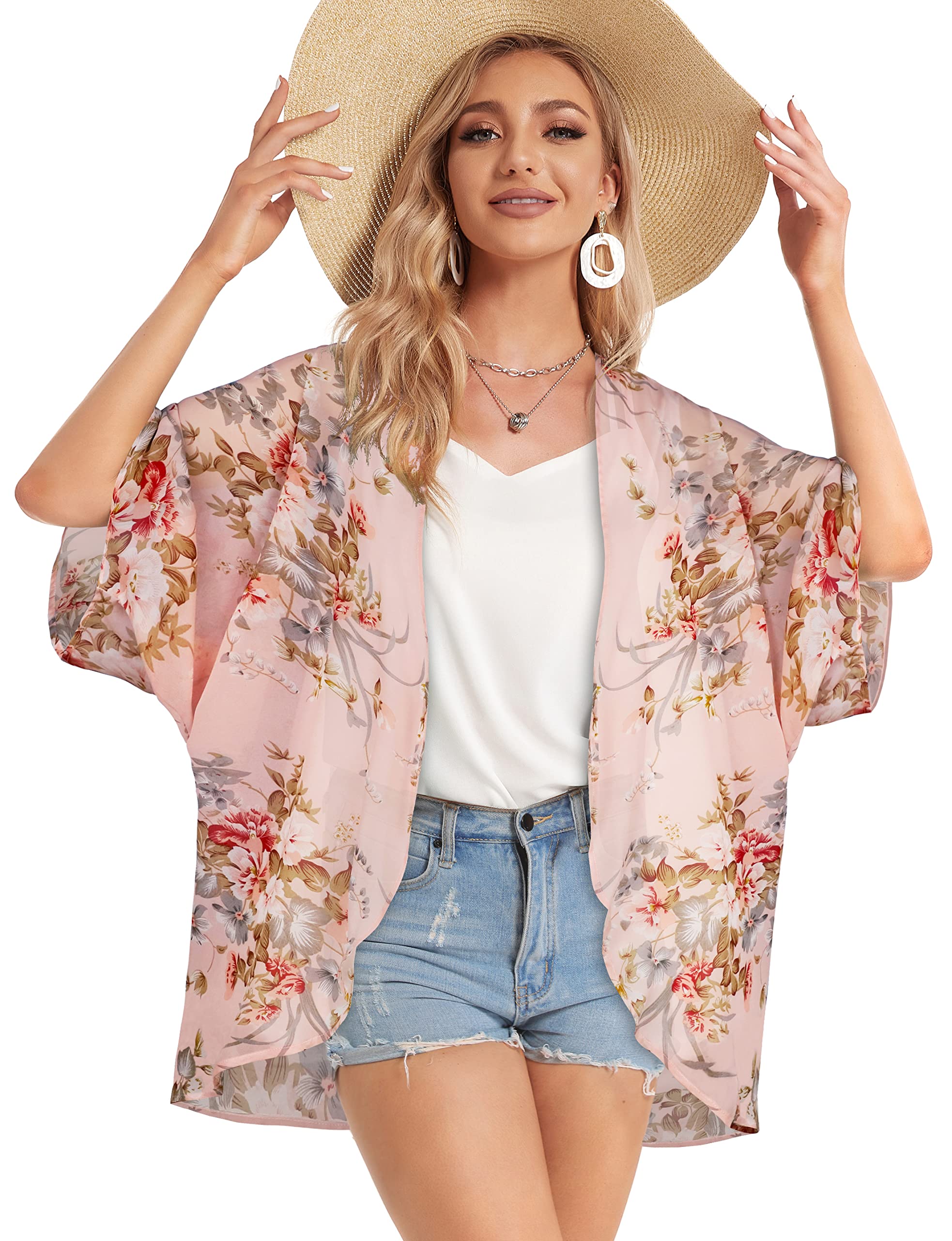 Women's Floral Kimono Cardigan Print Short Sleeve Shawl Chiffon Casual Summer Blouse Tops