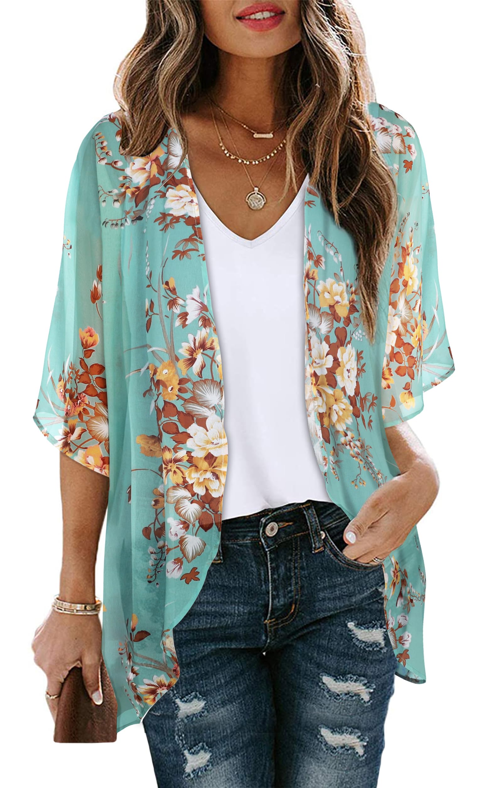 Women's Floral Kimono Cardigan Print Short Sleeve Shawl Chiffon Casual Summer Blouse Tops