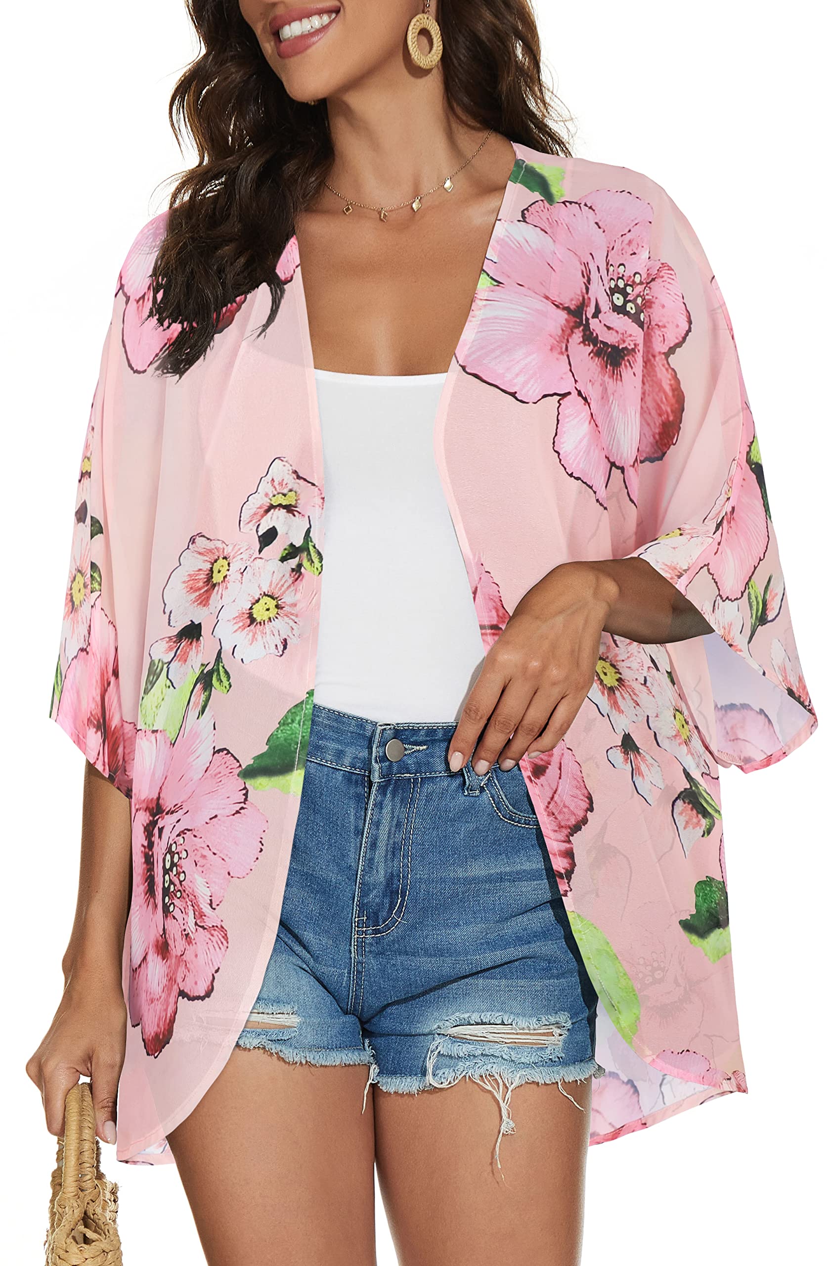 Women's Floral Kimono Cardigan Print Short Sleeve Shawl Chiffon Casual Summer Blouse Tops