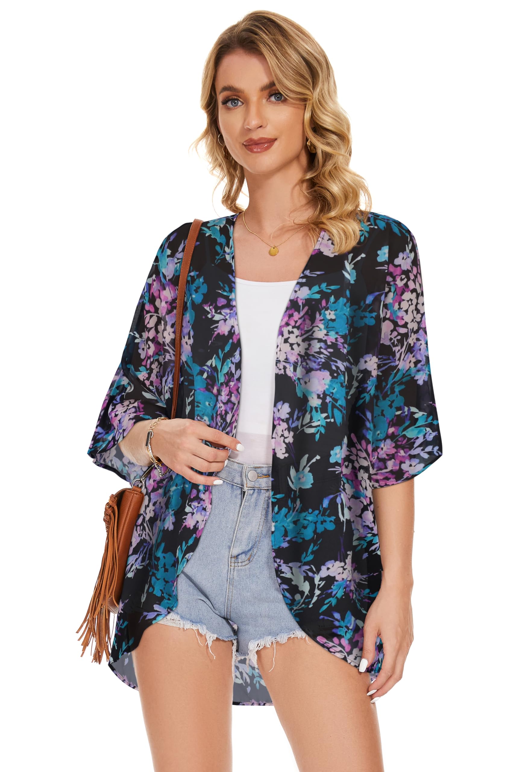 Women's Floral Kimono Cardigan Print Short Sleeve Shawl Chiffon Casual Summer Blouse Tops