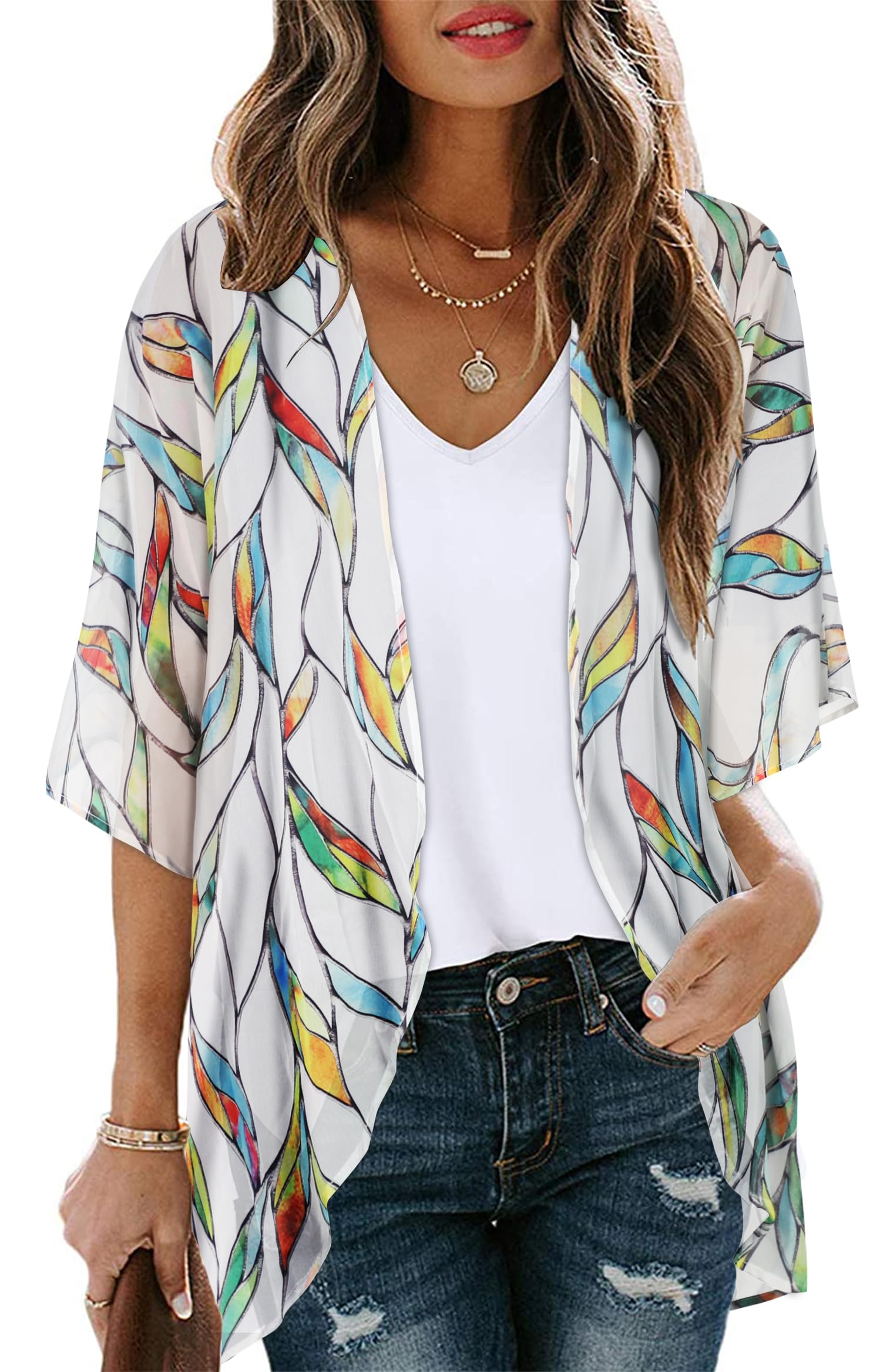 Women's Floral Kimono Cardigan Print Short Sleeve Shawl Chiffon Casual Summer Blouse Tops