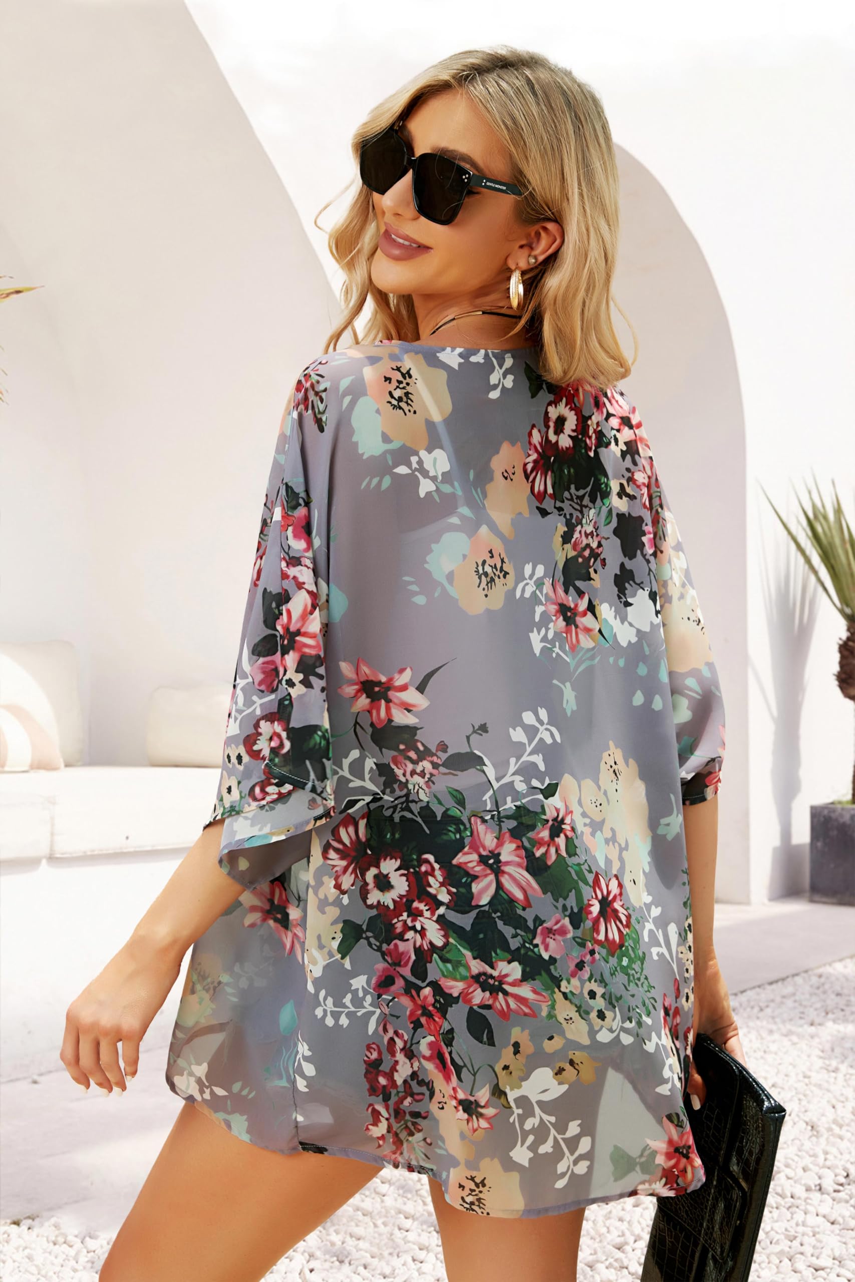 Women's Floral Kimono Cardigan Print Short Sleeve Shawl Chiffon Casual Summer Blouse Tops