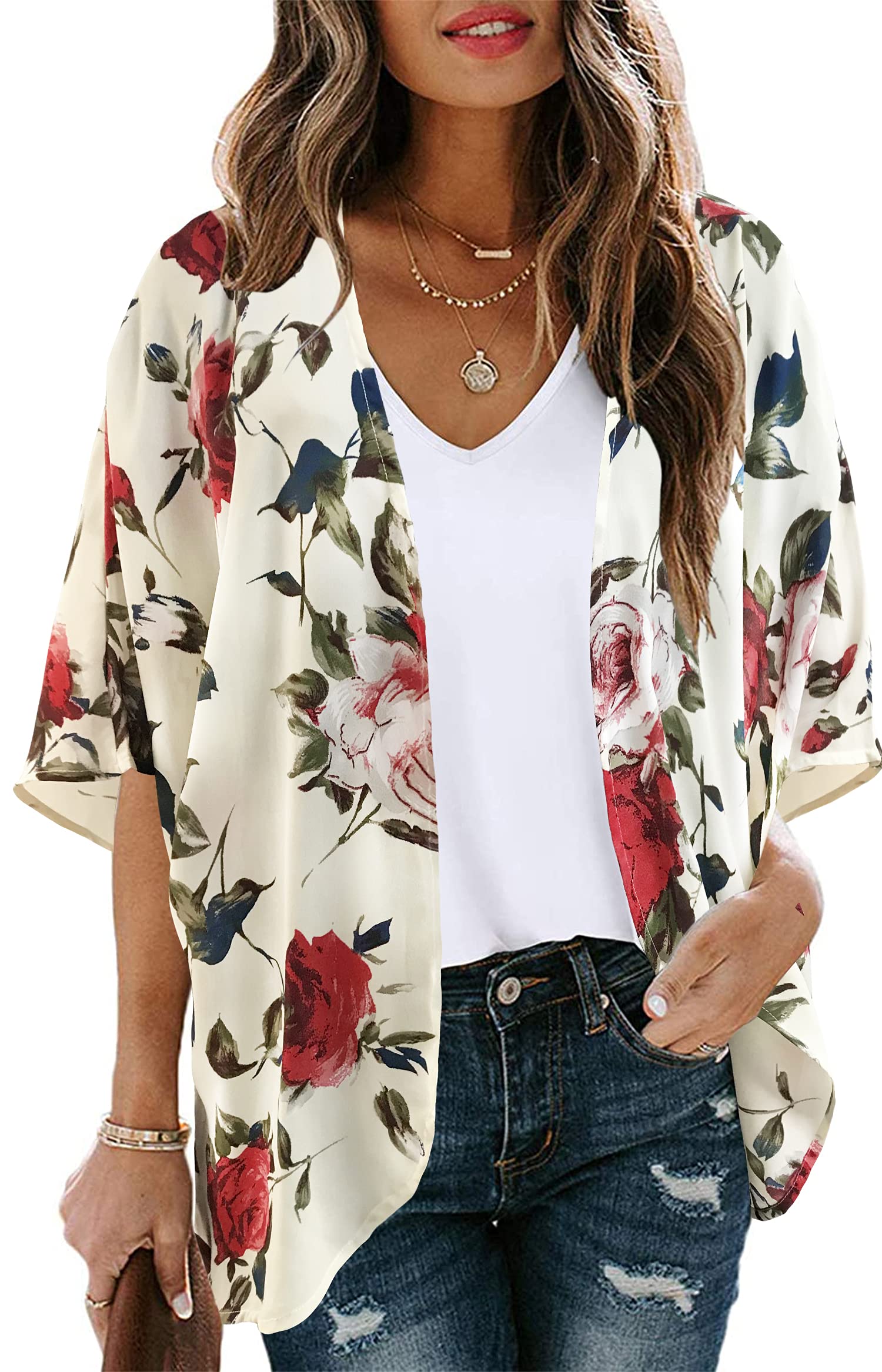 Women's Floral Kimono Cardigan Print Short Sleeve Shawl Chiffon Casual Summer Blouse Tops