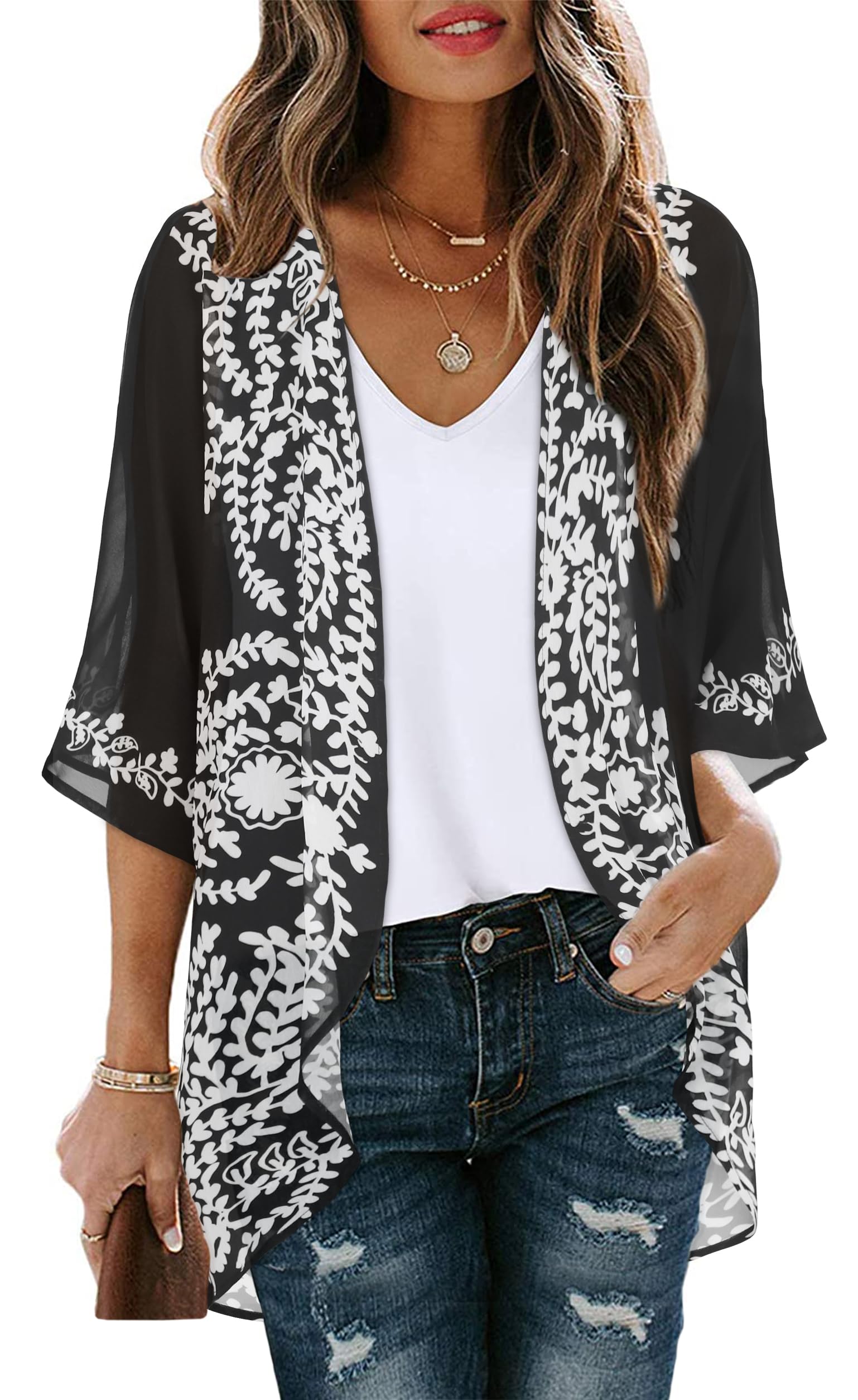 Women's Floral Kimono Cardigan Print Short Sleeve Shawl Chiffon Casual Summer Blouse Tops