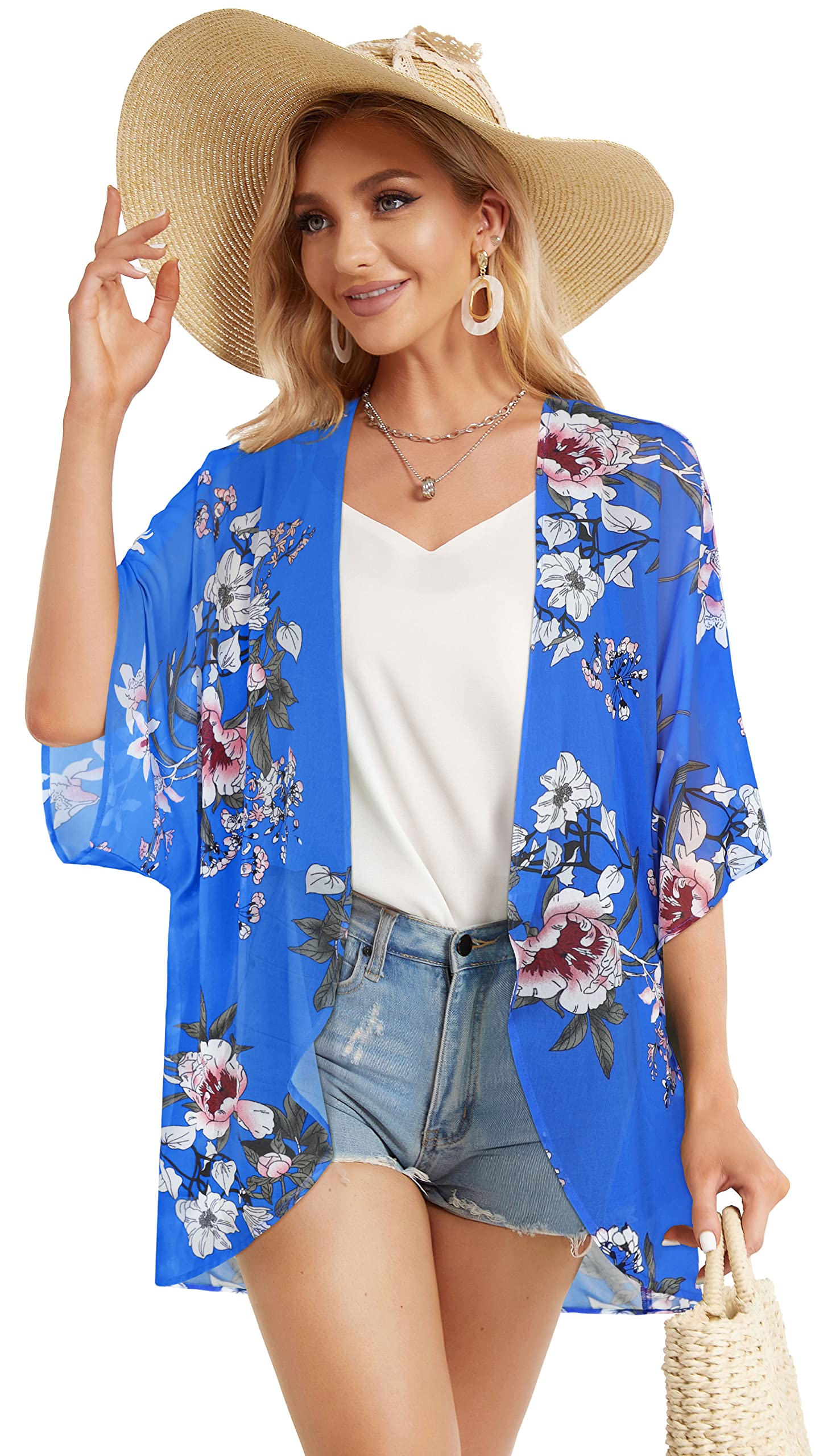 Women's Floral Kimono Cardigan Print Short Sleeve Shawl Chiffon Casual Summer Blouse Tops