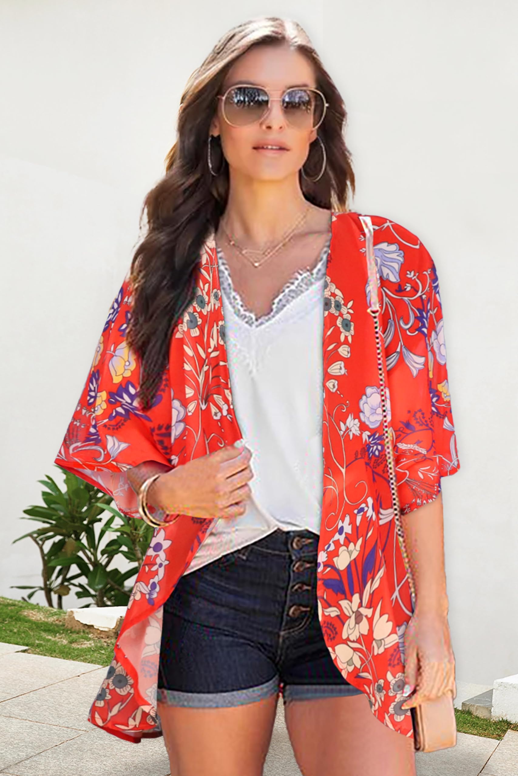 Women's Floral Kimono Cardigan Print Short Sleeve Shawl Chiffon Casual Summer Blouse Tops