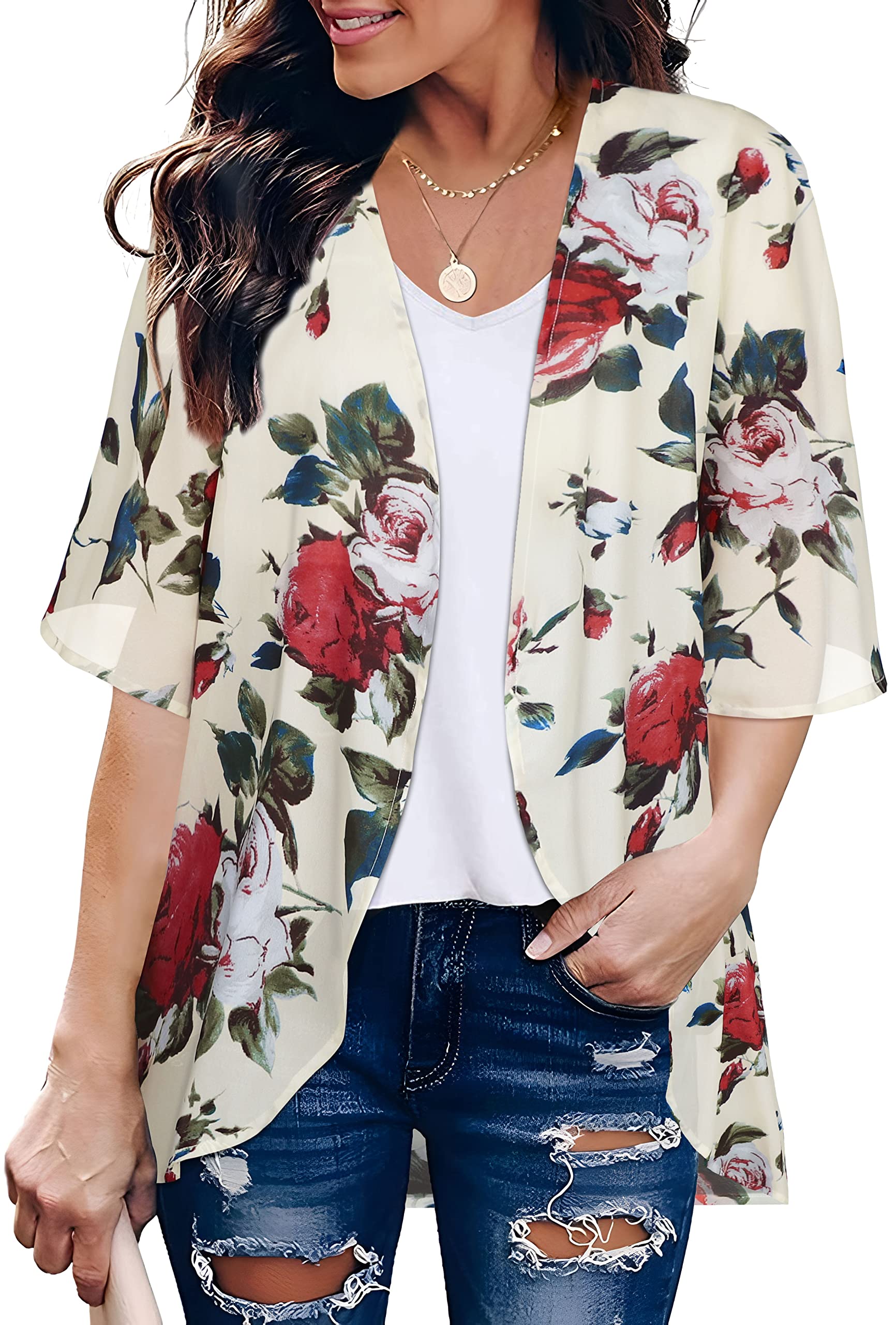 Women's Floral Kimono Cardigan Print Short Sleeve Shawl Chiffon Casual Summer Blouse Tops