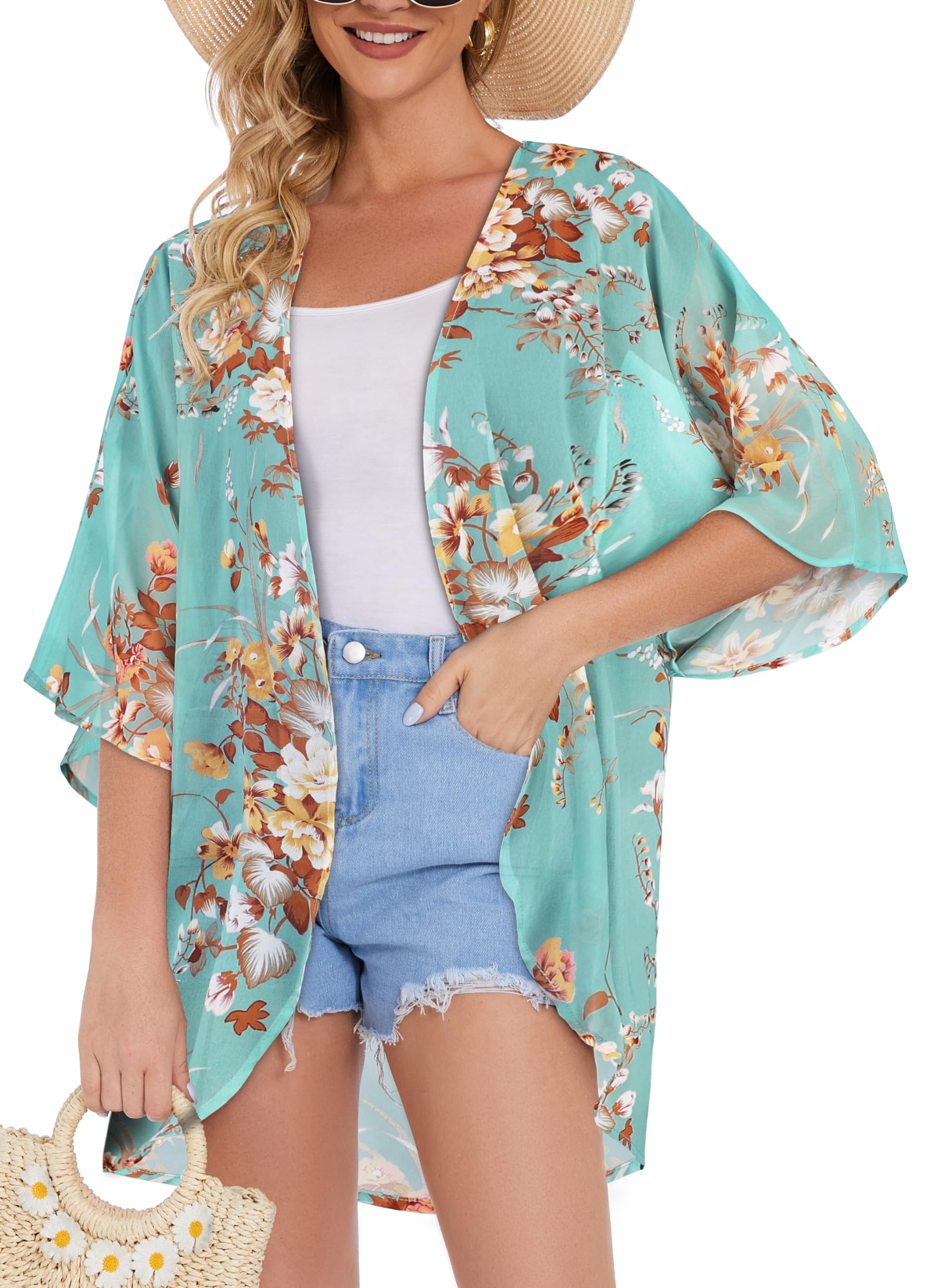 Women's Floral Kimono Cardigan Print Short Sleeve Shawl Chiffon Casual Summer Blouse Tops