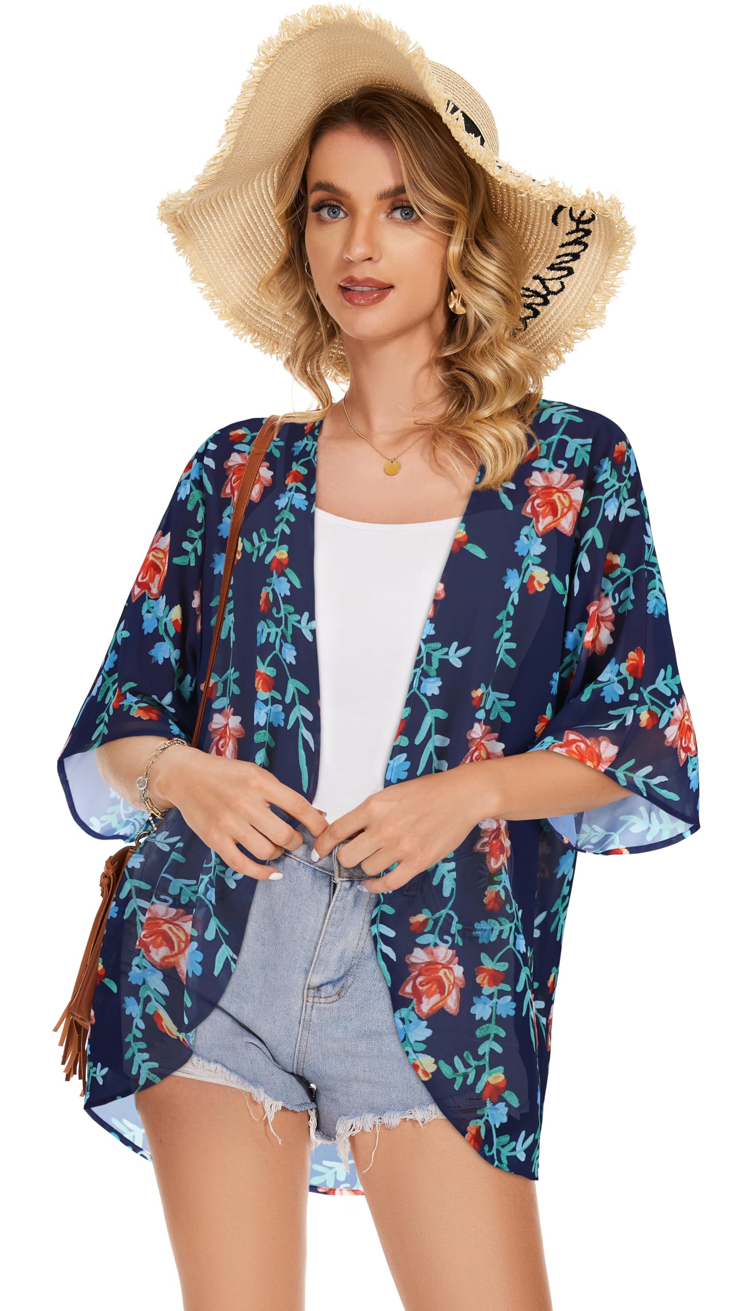 Women's Floral Kimono Cardigan Print Short Sleeve Shawl Chiffon Casual Summer Blouse Tops