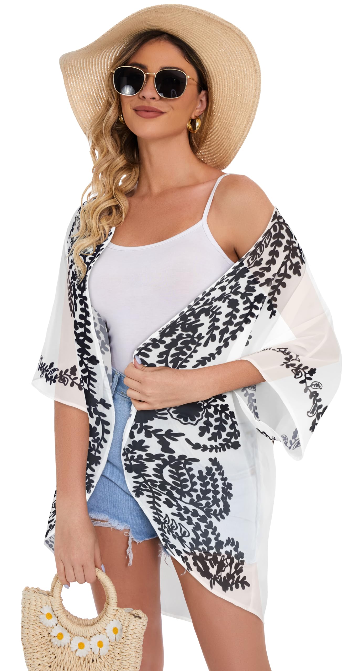 Women's Floral Kimono Cardigan Print Short Sleeve Shawl Chiffon Casual Summer Blouse Tops